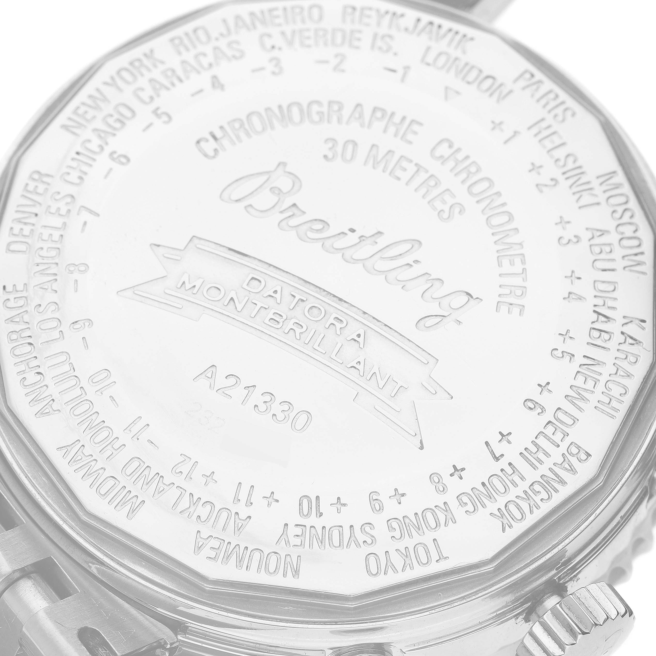 This image shows the case back of a Breitling Navitimer A21330 Men's Stainless Steel Silver Dial A21330 Men's Stainless Steel Silver Dial model, highlighting engraved cities and specifications.