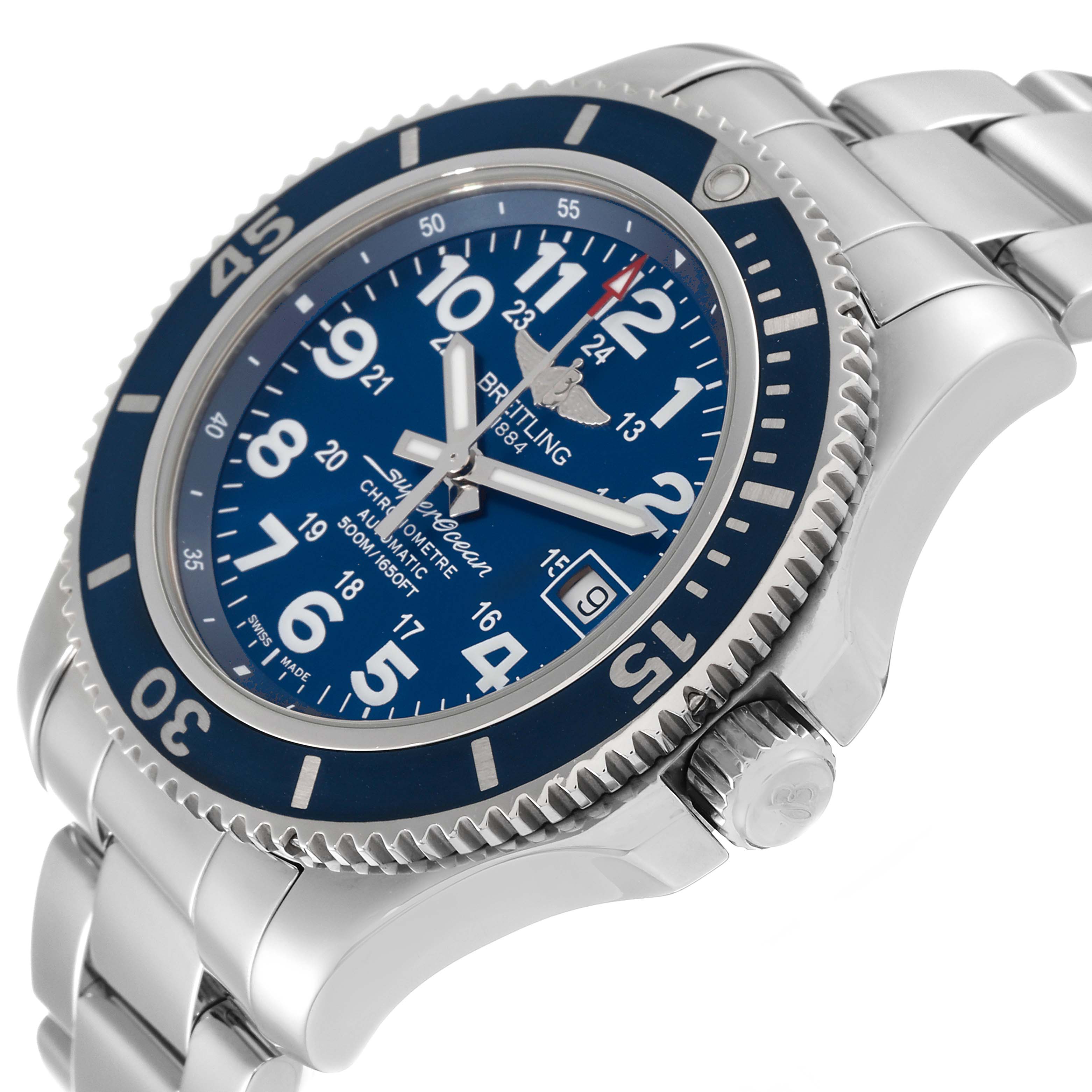 The image shows a side angle of the Breitling Superocean A17365 Men's Stainless Steel Blue Dial A17365 Men's Stainless Steel Blue Dial watch, highlighting the bezel, crown, dial, and part of the metal band.