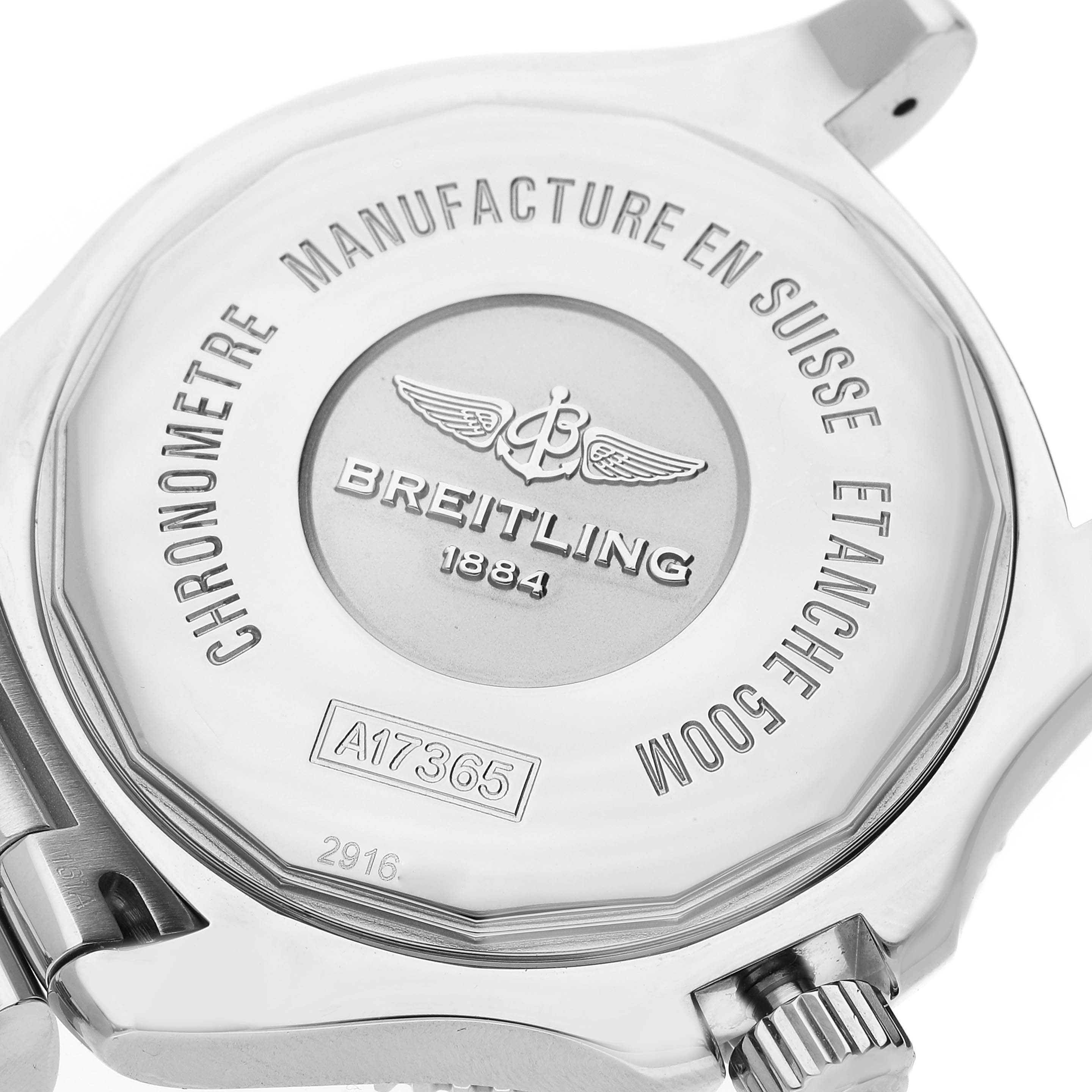 This image shows the case back and crown of the Superocean model by Breitling.