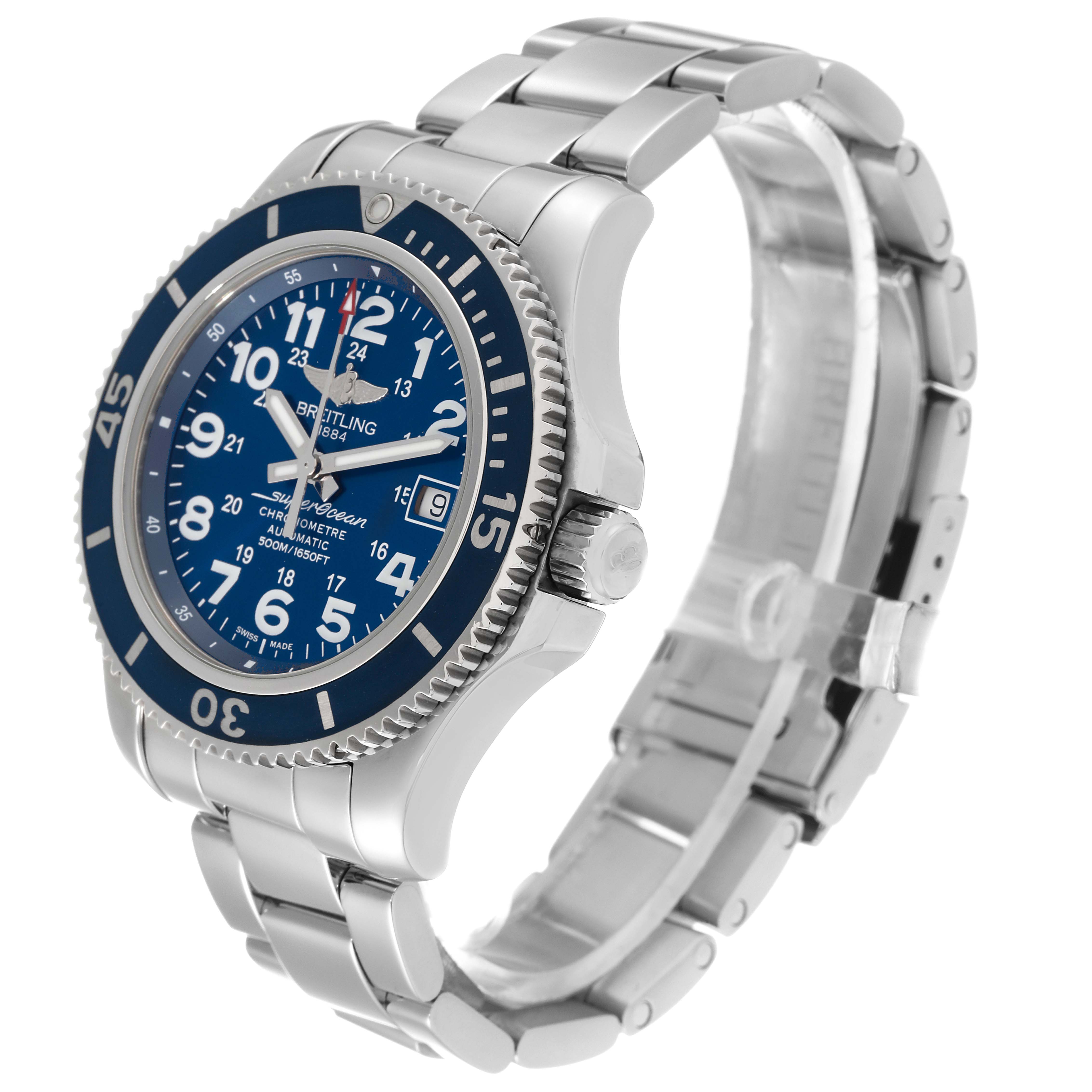 The image shows a Breitling Superocean A17365 Men's Stainless Steel Blue Dial A17365 Men's Stainless Steel Blue Dial watch angled from the side, displaying its blue dial, bezel, and stainless steel bracelet.