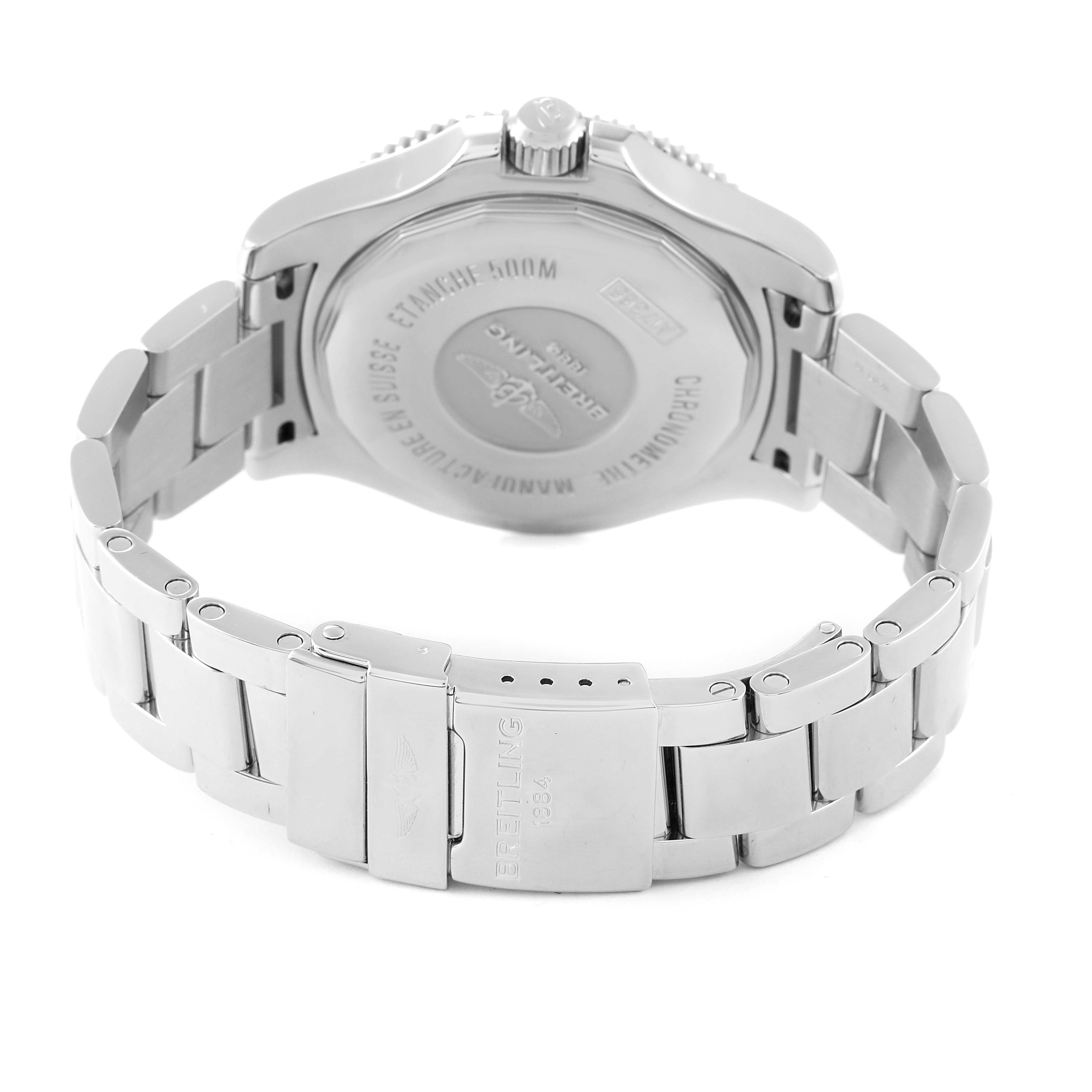 The image shows the back and bracelet of a Breitling Superocean A17365 Men's Stainless Steel Blue Dial A17365 Men's Stainless Steel Blue Dial watch, highlighting the case back and clasp.