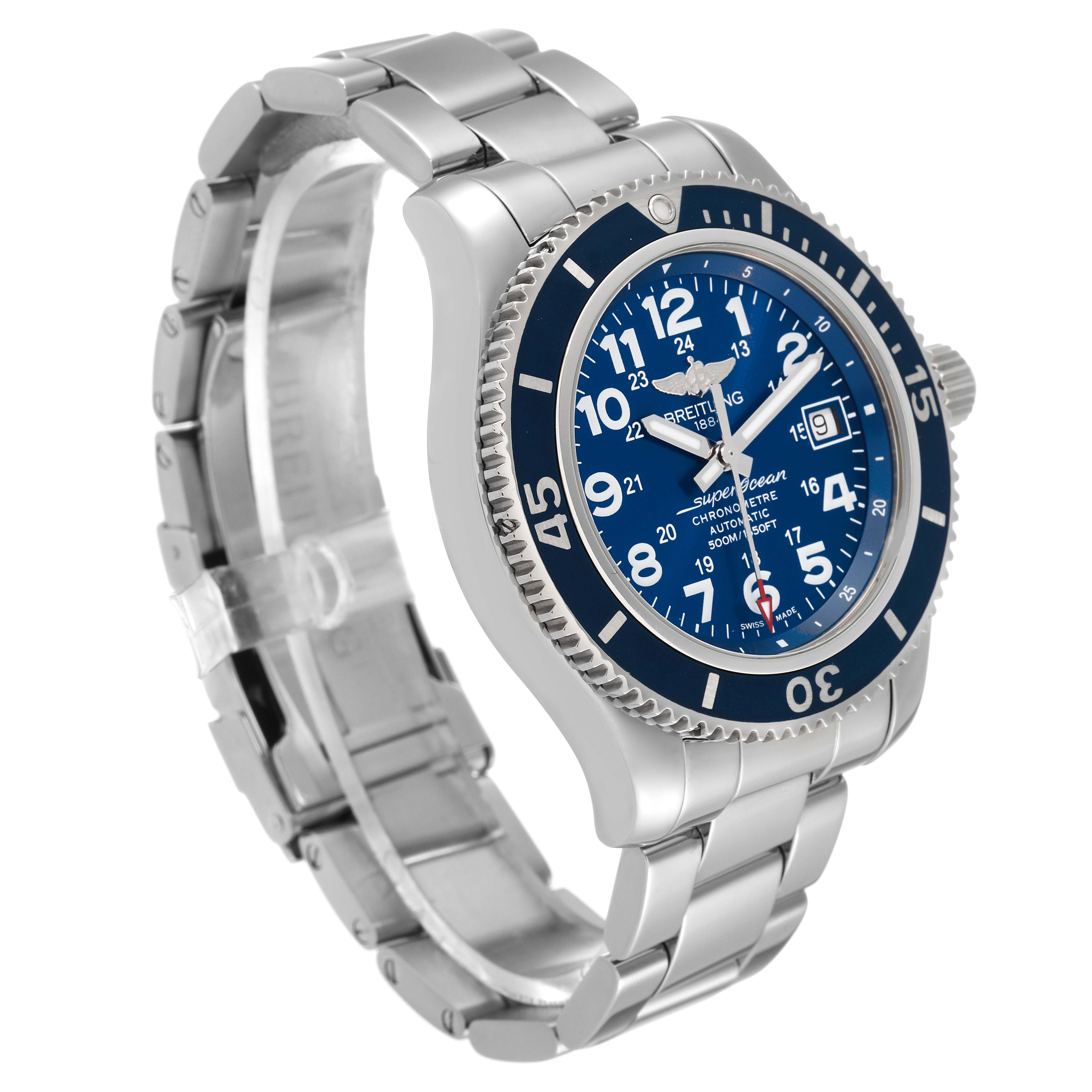 The Breitling Superocean A17365 Men's Stainless Steel Blue Dial A17365 Men's Stainless Steel Blue Dial watch is shown at a three-quarter angle, highlighting the blue dial, rotating bezel, and stainless steel bracelet.