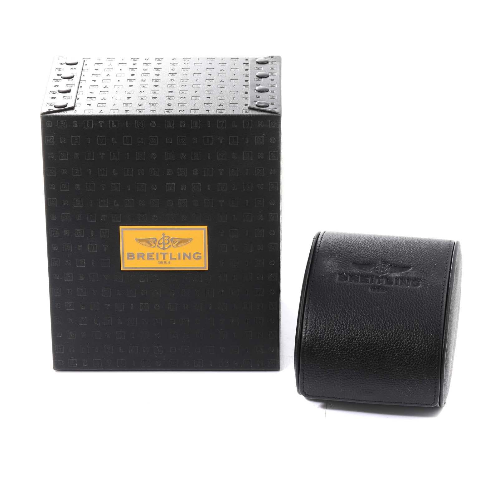 The image shows the packaging box and leather watch case for a Breitling Superocean A17365 Men's Stainless Steel Blue Dial A17365 Men's Stainless Steel Blue Dial model watch.