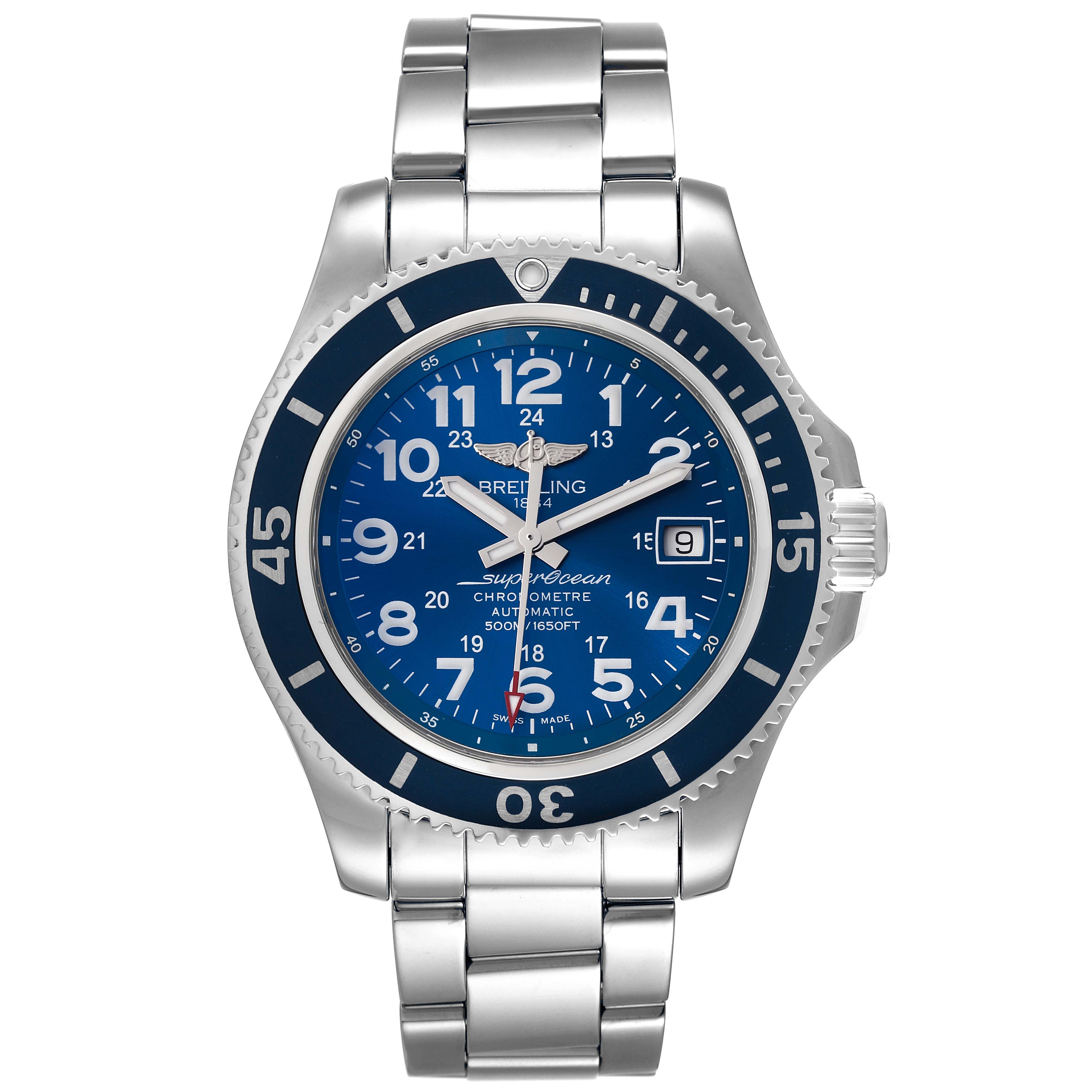 The image shows a front angle of the Breitling Superocean A17365 Men's Stainless Steel Blue Dial A17365 Men's Stainless Steel Blue Dial watch, displaying its face, bezel, and metal bracelet.