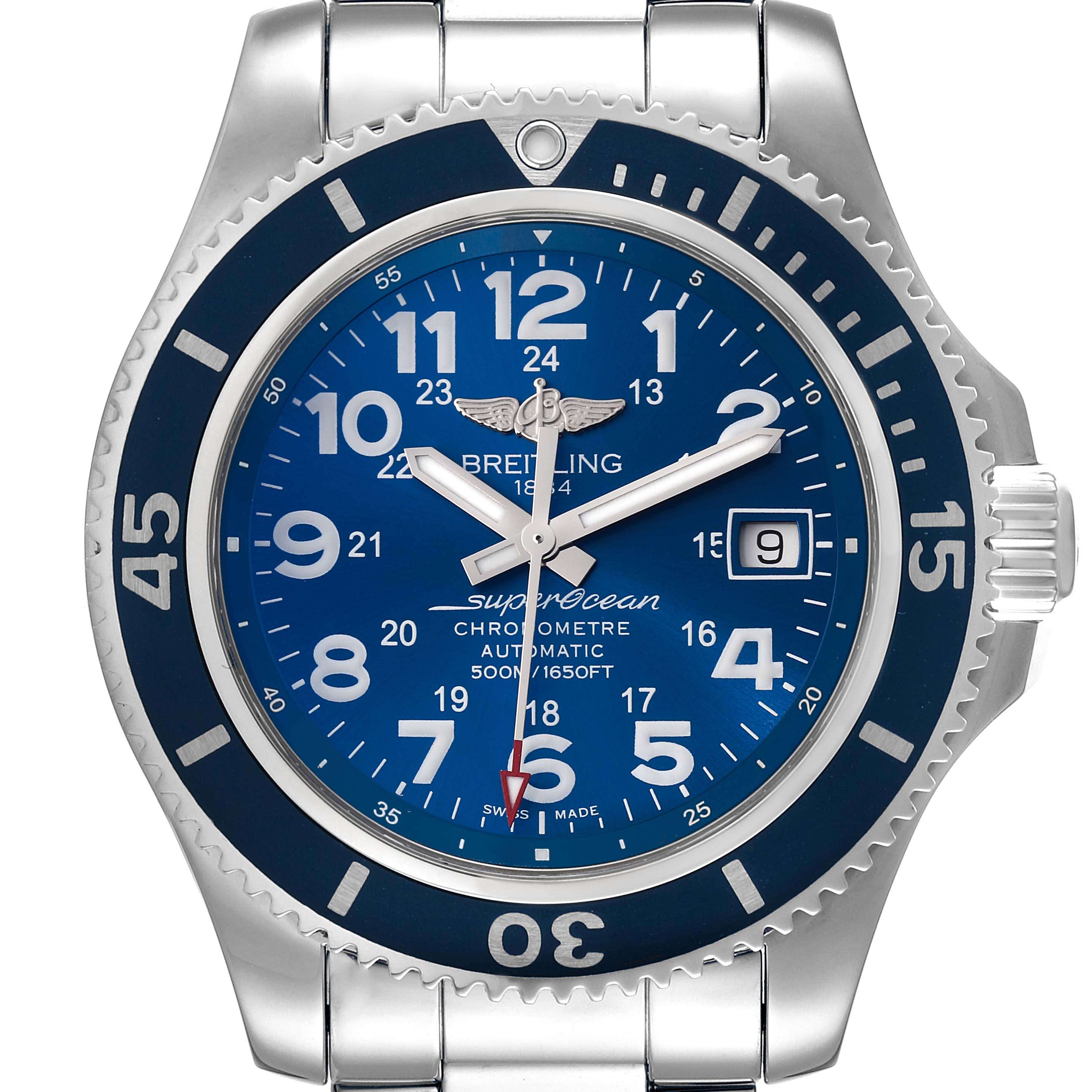 The image shows a front view of the Breitling Superocean A17365 Men's Stainless Steel Blue Dial A17365 Men's Stainless Steel Blue Dial watch, displaying its blue dial, bezel, and stainless steel bracelet.