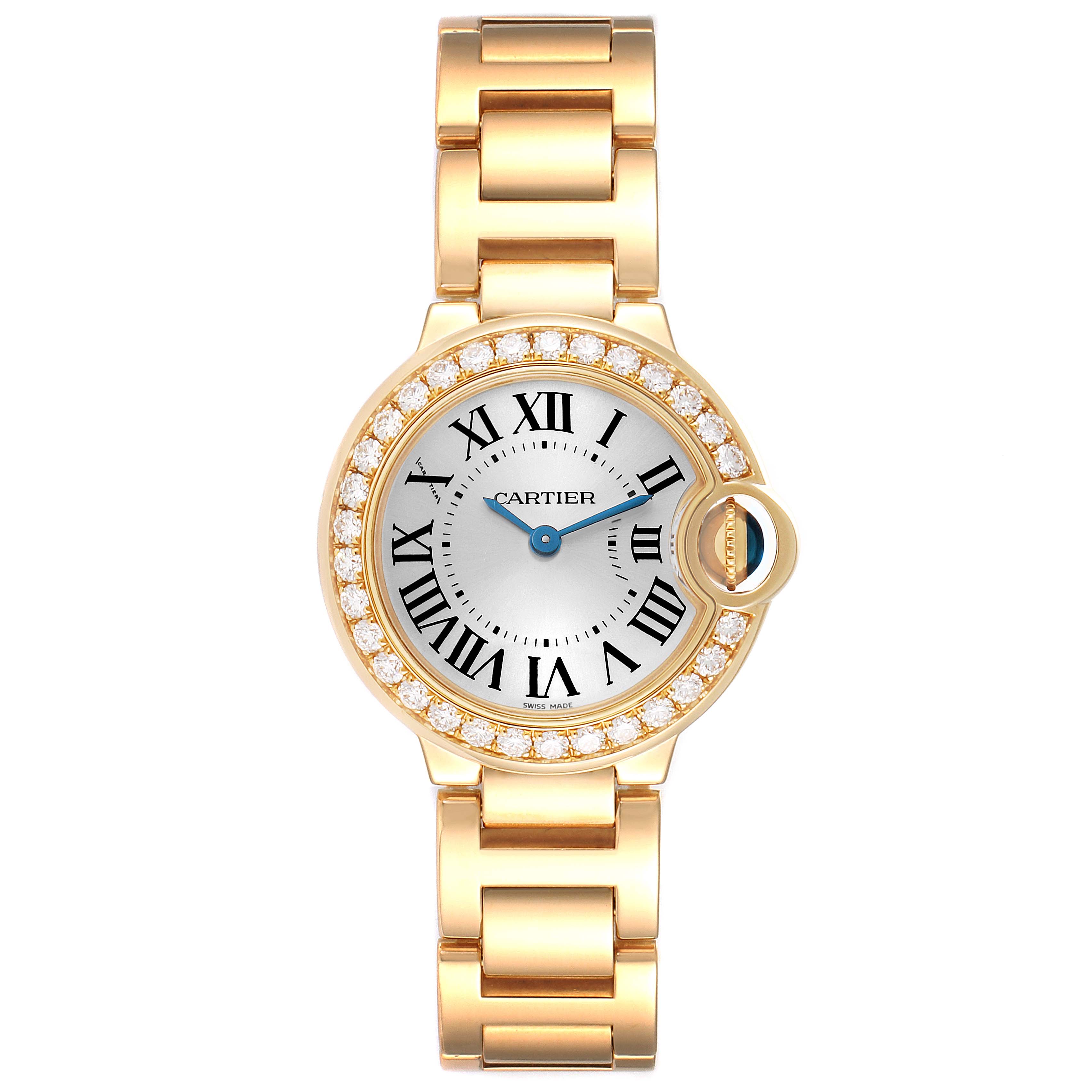 This image shows a front view of the Ballon Bleu by Cartier, displaying its face, bracelet, and diamond-studded bezel.