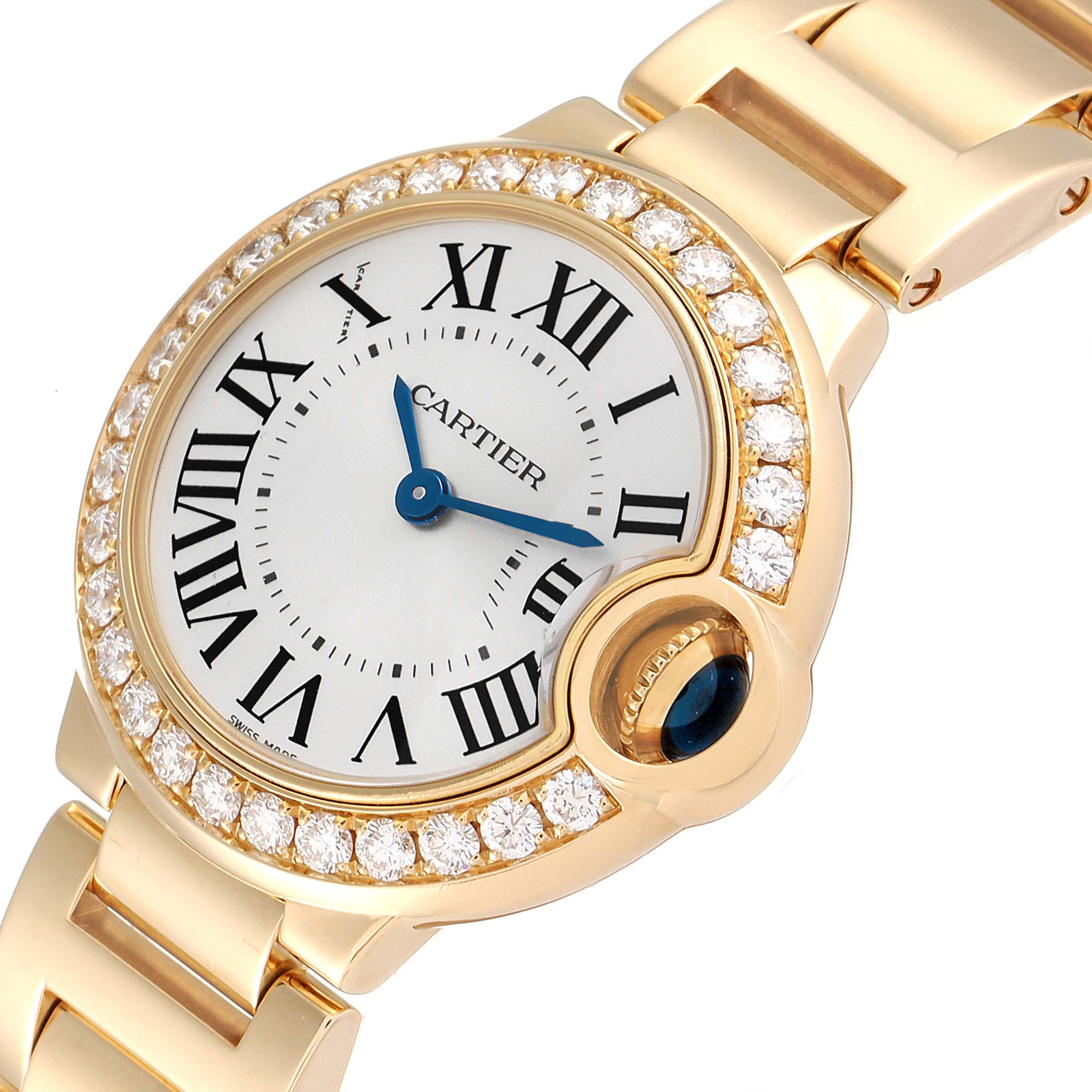 The image shows a close-up angle of the Cartier Ballon Bleu WE9001Z3 Women's Yellow Gold Silver Dial WE9001Z3 Women's Yellow Gold Silver Dial watch, highlighting the face, bezel with diamonds, and the bracelet.