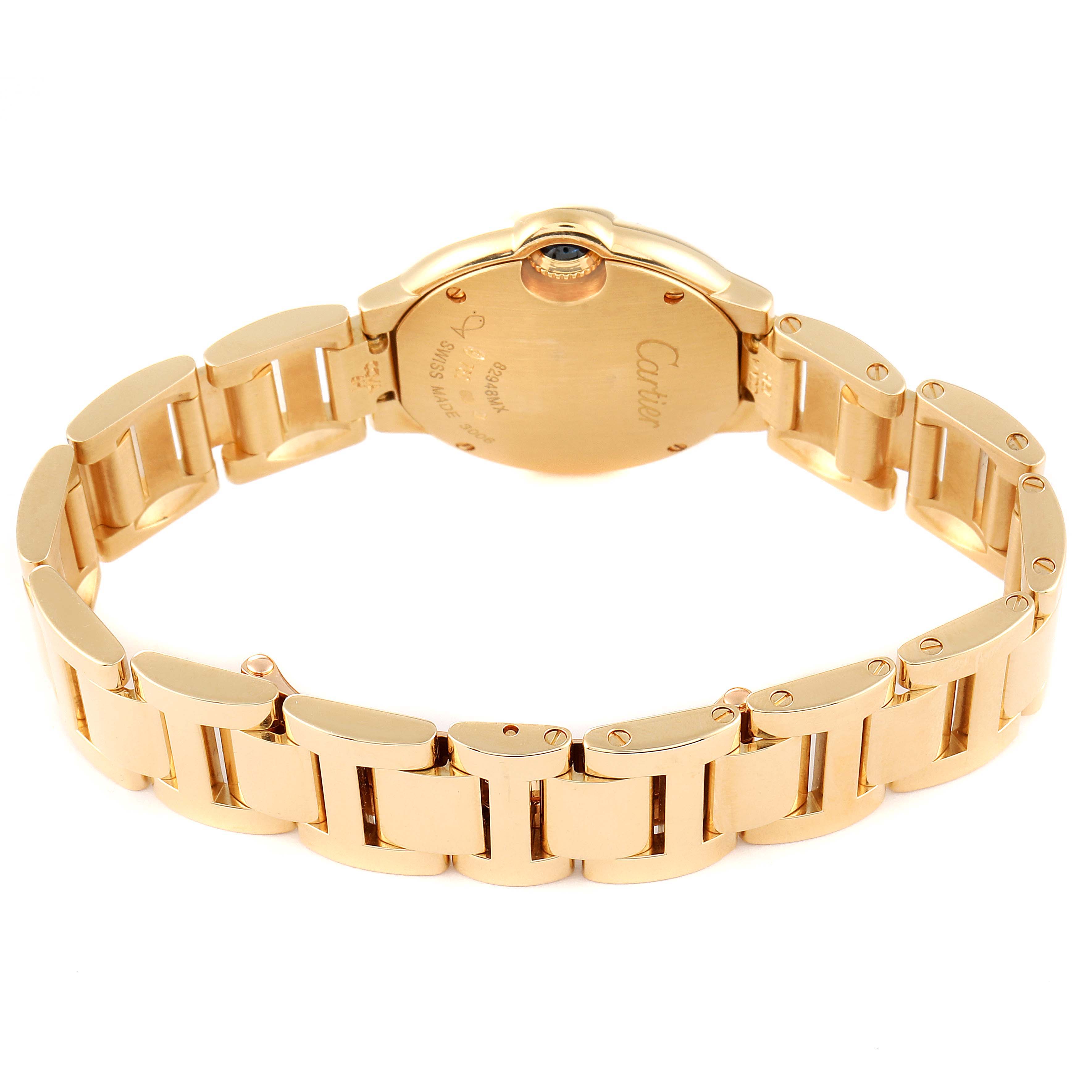 The Cartier Ballon Bleu WE9001Z3 Women's Yellow Gold Silver Dial WE9001Z3 Women's Yellow Gold Silver Dial watch is shown from the back, showcasing its band and case back.