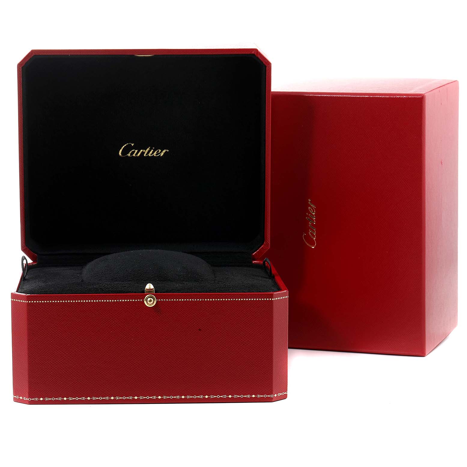 The image shows an open Cartier Ballon Bleu WE9001Z3 Women's Yellow Gold Silver Dial WE9001Z3 Women's Yellow Gold Silver Dial watch box with a red exterior, black interior, and a detached outer box.