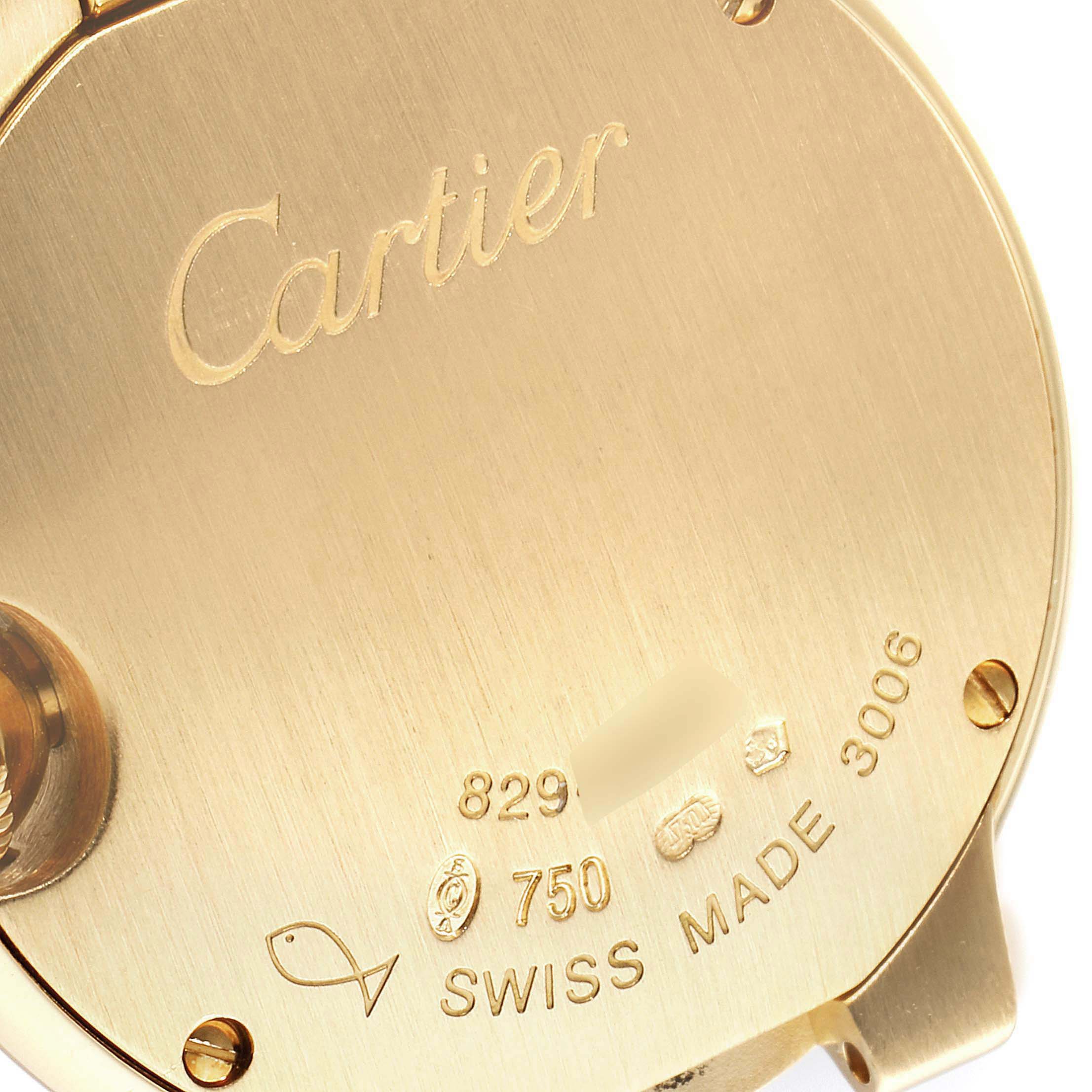 The image shows the back case of a Cartier Ballon Bleu WE9001Z3 Women's Yellow Gold Silver Dial WE9001Z3 Women's Yellow Gold Silver Dial watch, focusing on its engravings and markings.