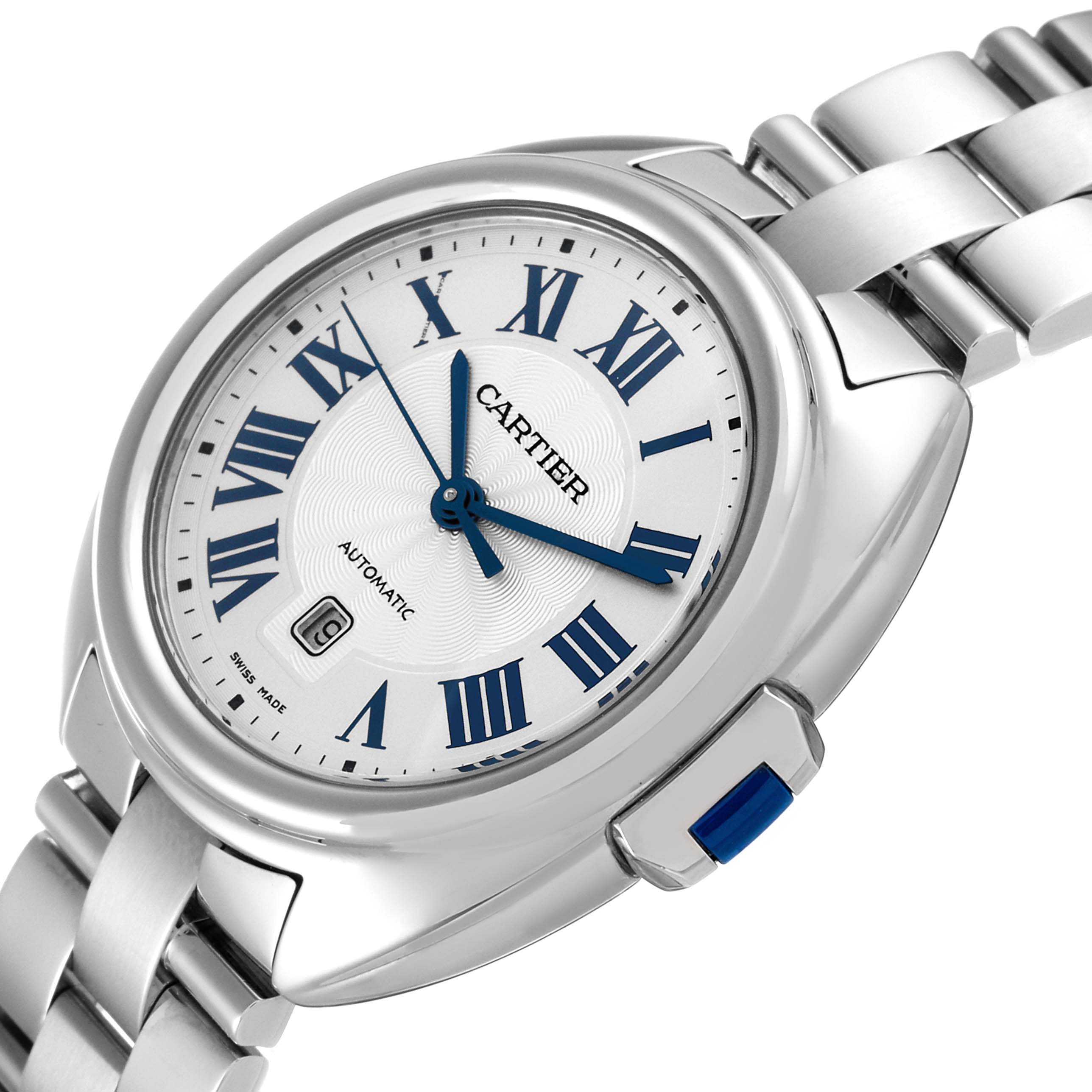 The image shows a close-up shot of the Cartier Cle WSCL0005 Women's Stainless Steel Blue Dial WSCL0005 Women's Stainless Steel Blue Dial model watch, highlighting the dial, bracelet, and crown.