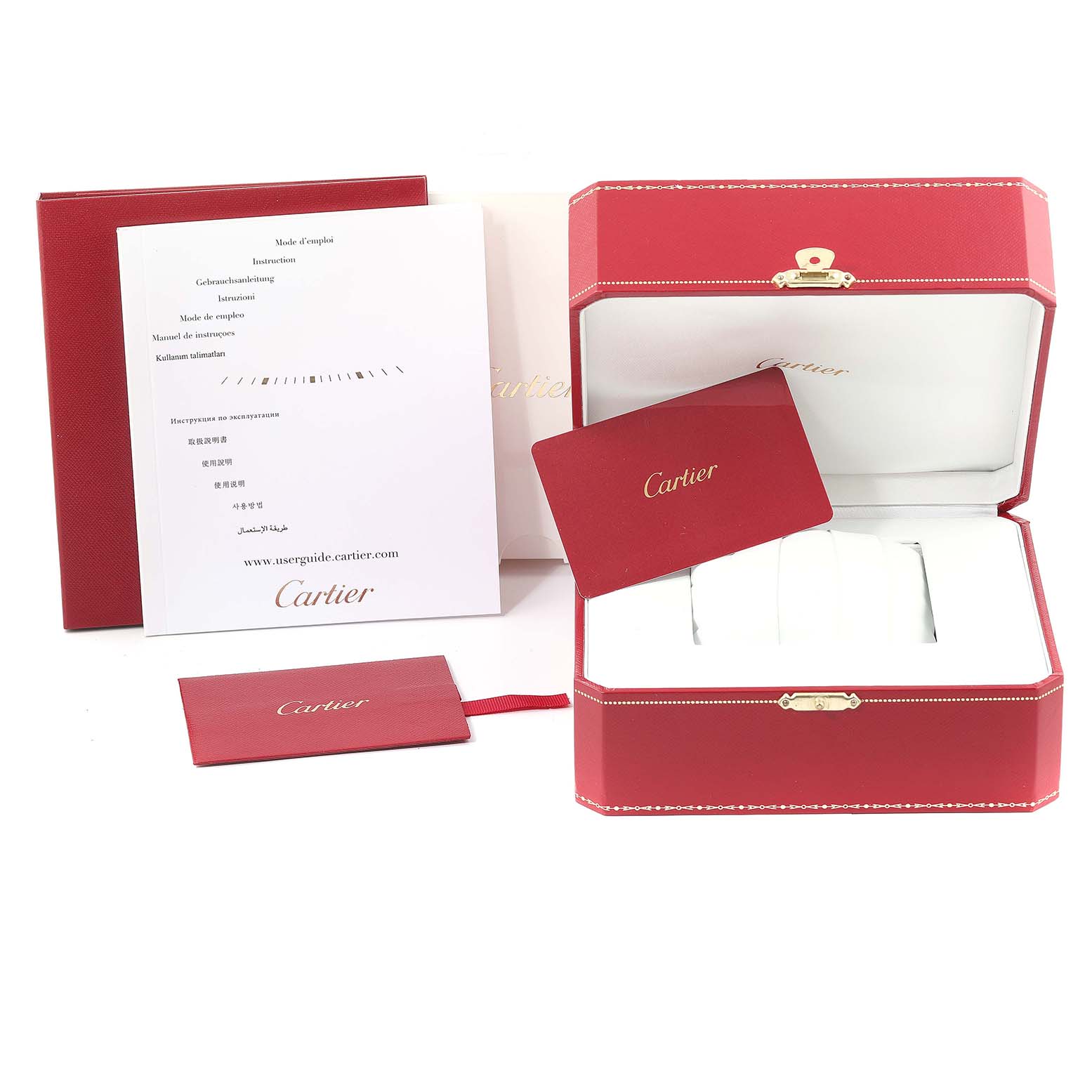 The image shows a Cartier Cle WSCL0005 Women's Stainless Steel Blue Dial WSCL0005 Women's Stainless Steel Blue Dial watch packaging with a red box, instruction manuals, and warranty cards.