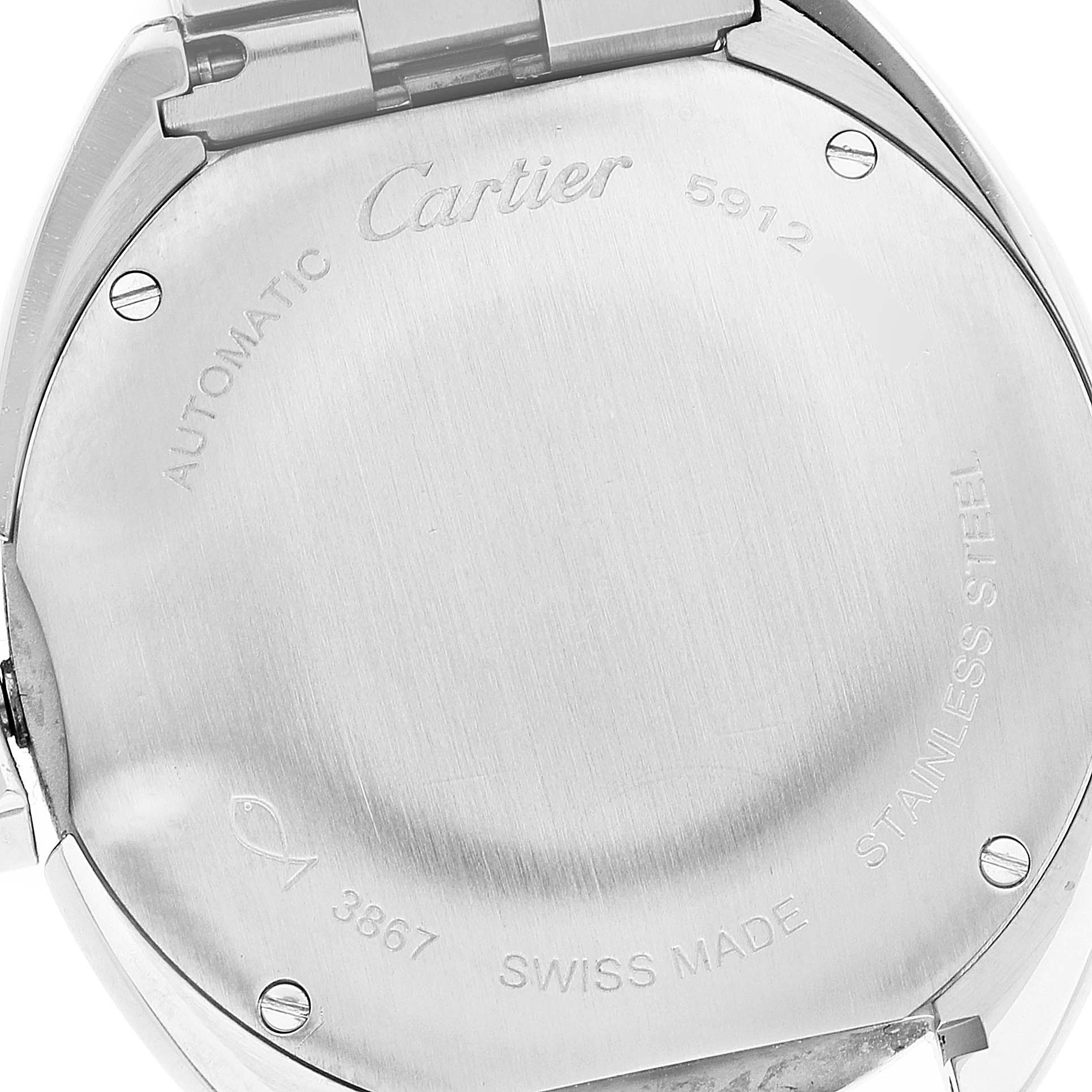 This image shows the back case of a Cartier Cle WSCL0005 Women's Stainless Steel Blue Dial WSCL0005 Women's Stainless Steel Blue Dial model watch, highlighting the engraved details.