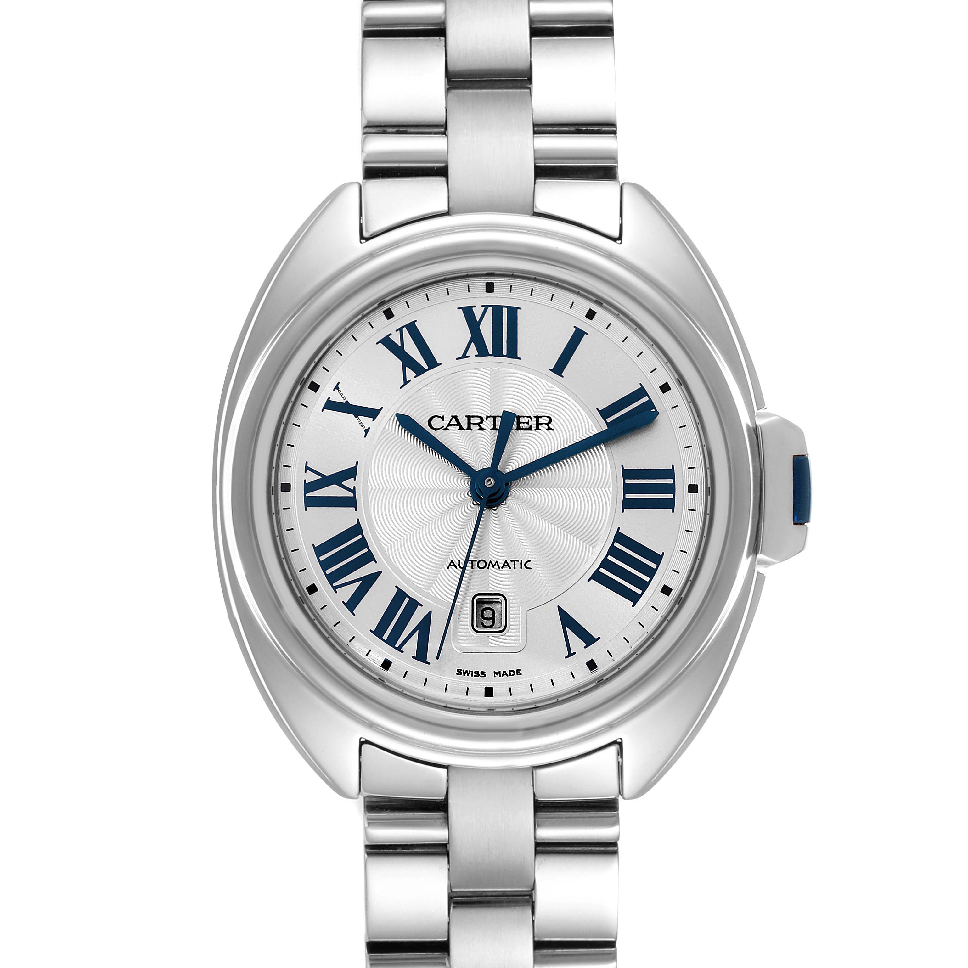 This image shows a front view of the Cle model watch by Cartier, highlighting its face, bezel, and part of the bracelet.