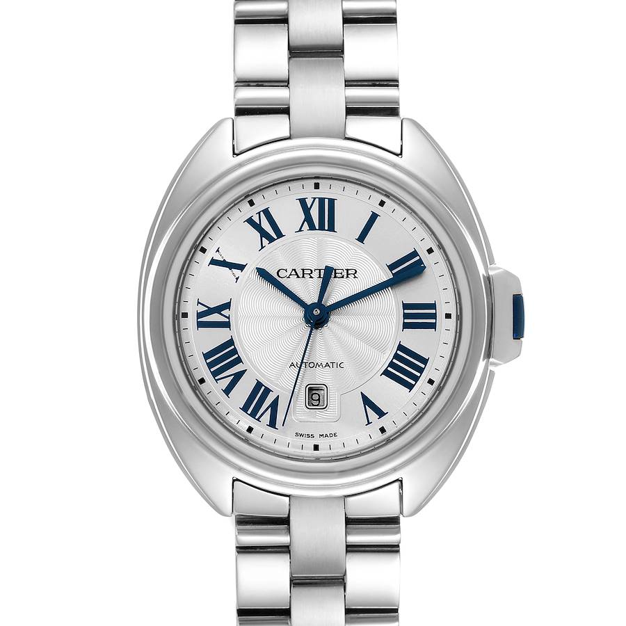 Cartier Cle Silver Guilloche Dial Automatic Steel Ladies Watch WSCL0005 Box Card SwissWatchExpo