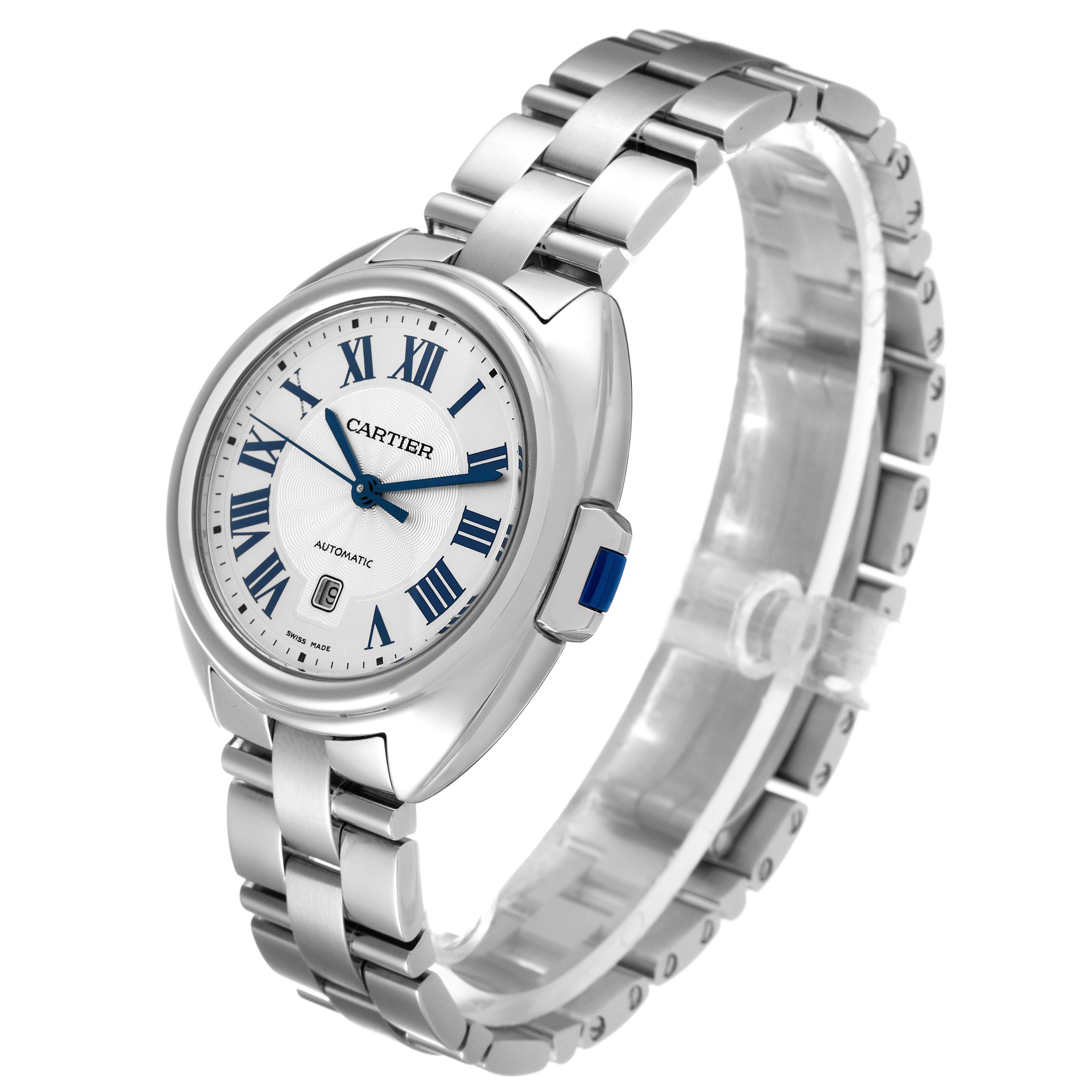 This image shows a side angle of the Cle de Cartier watch, highlighting its face, bezel, crown, and metal bracelet.