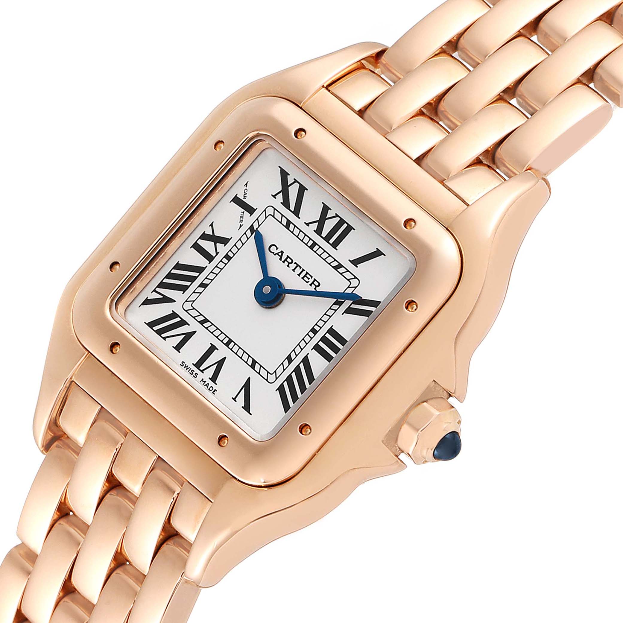 The image shows a close-up of a Cartier Panthere WGPN0006 Women
s Rose Gold Silver Dial WGPN0006 Women
s Rose Gold Silver Dial watch, highlighting its square face, bracelet, and crown.
