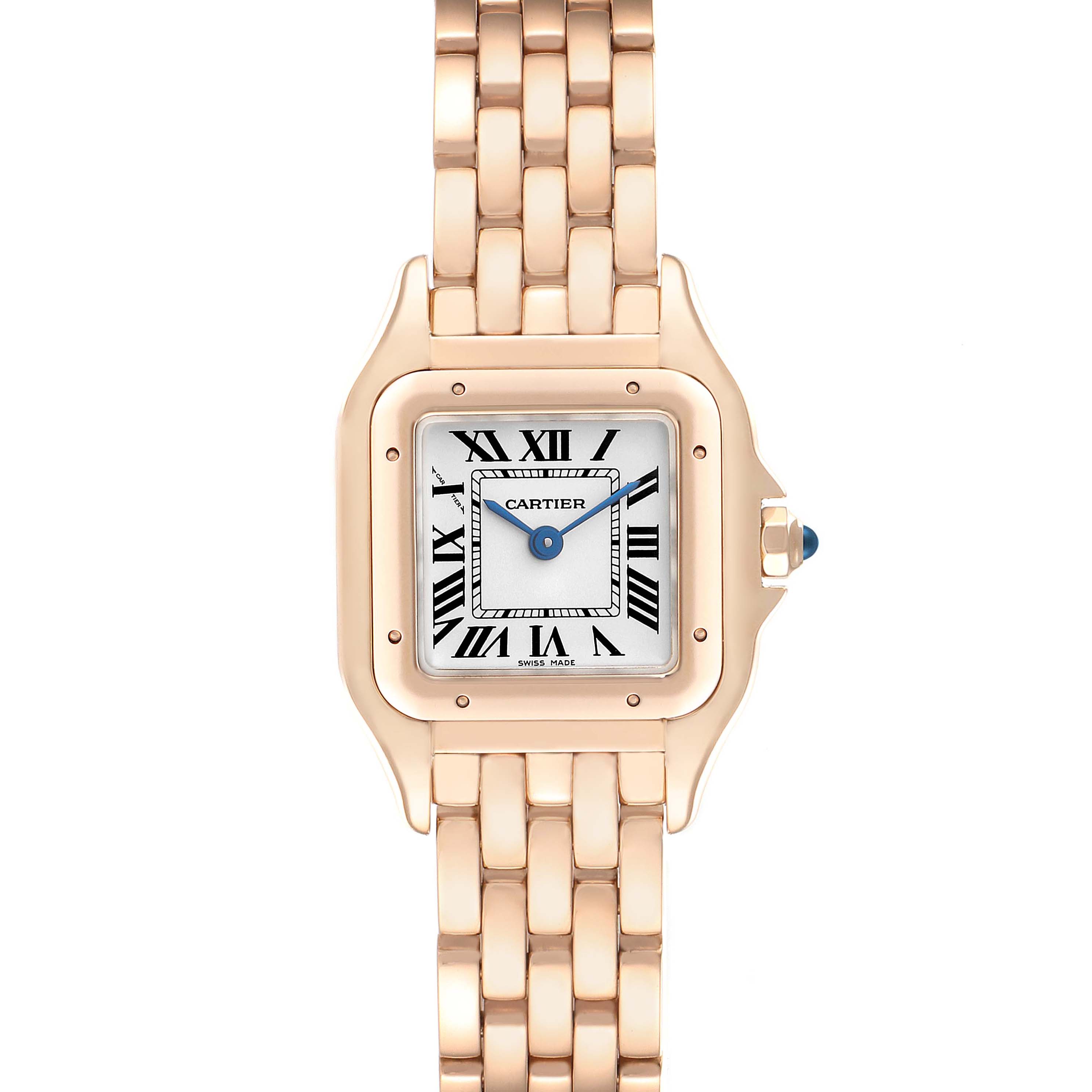 This image shows a front view of the Cartier Panthere WGPN0006 Women
s Rose Gold Silver Dial WGPN0006 Women
s Rose Gold Silver Dial model watch, including the face, crown, and part of the bracelet.