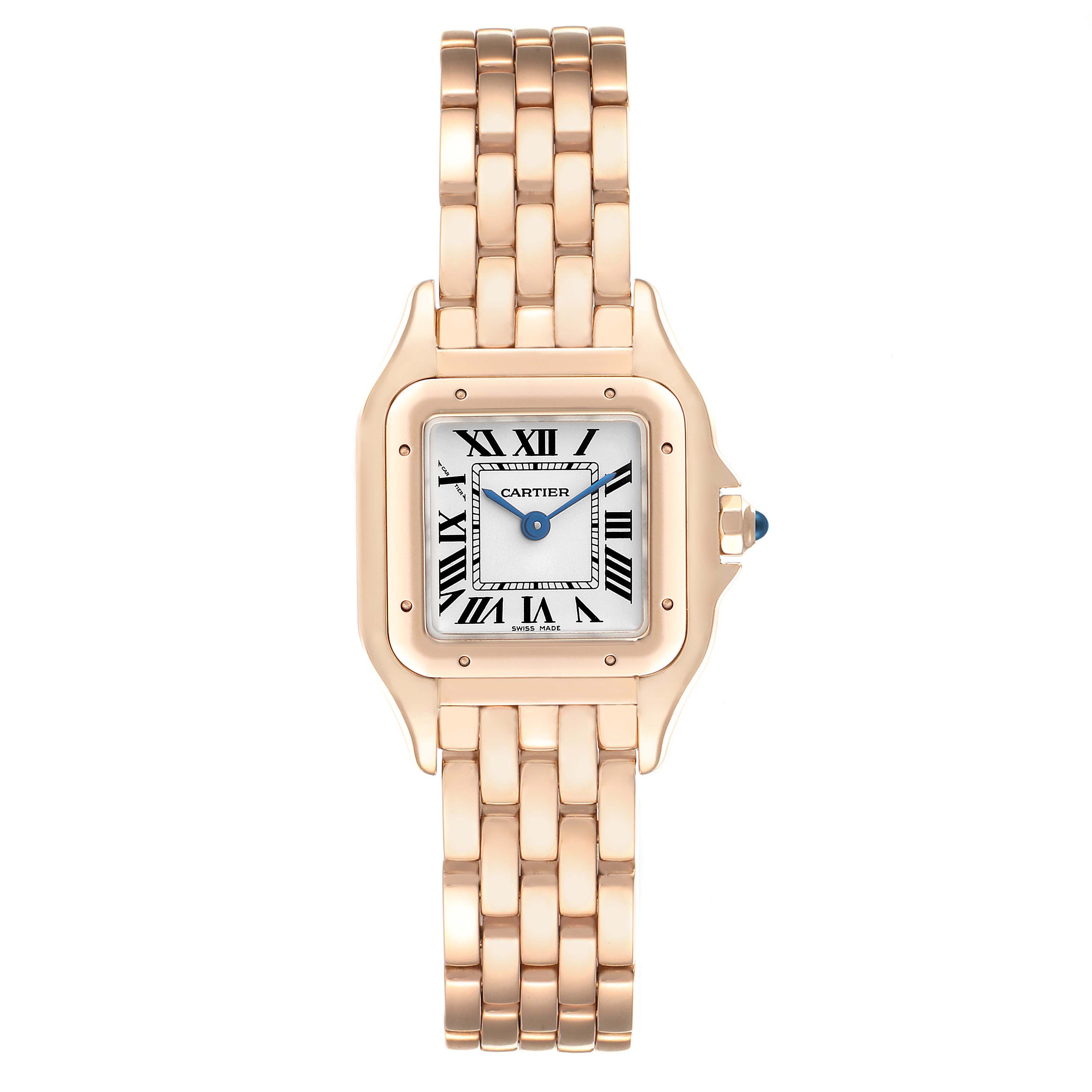 The image shows a front-facing view of a Cartier Panthere WGPN0006 Women
s Rose Gold Silver Dial WGPN0006 Women
s Rose Gold Silver Dial model watch, displaying the face, bezel, bracelet, and crown.