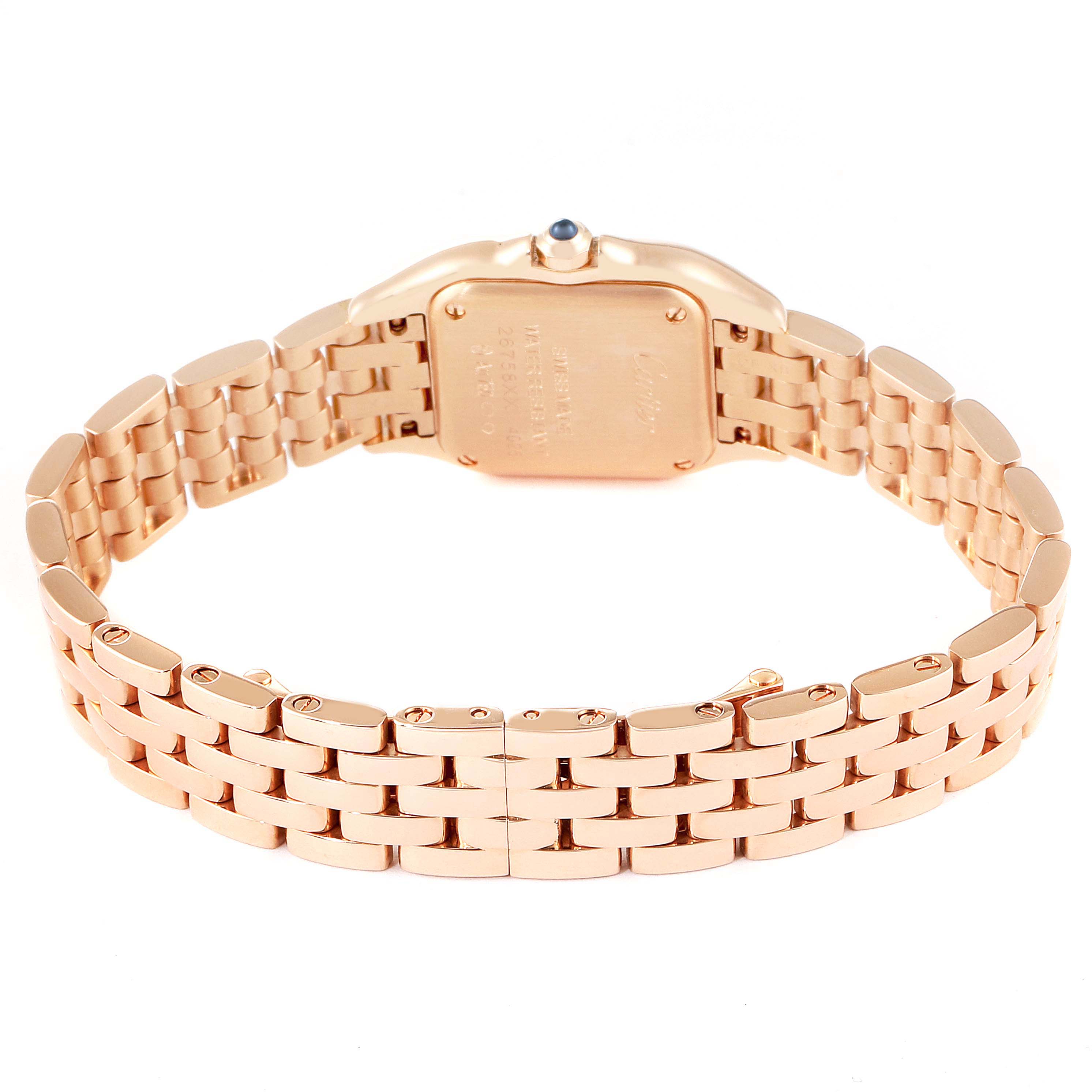 The image shows the back view of the Cartier Panthere WGPN0006 Women
s Rose Gold Silver Dial WGPN0006 Women
s Rose Gold Silver Dial model watch, highlighting the bracelet and case back.