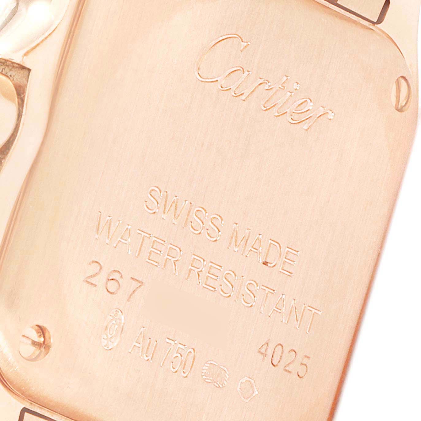 This is the case back of a Panthère model watch by Cartier, displaying engravings including brand, water resistance, and material details.