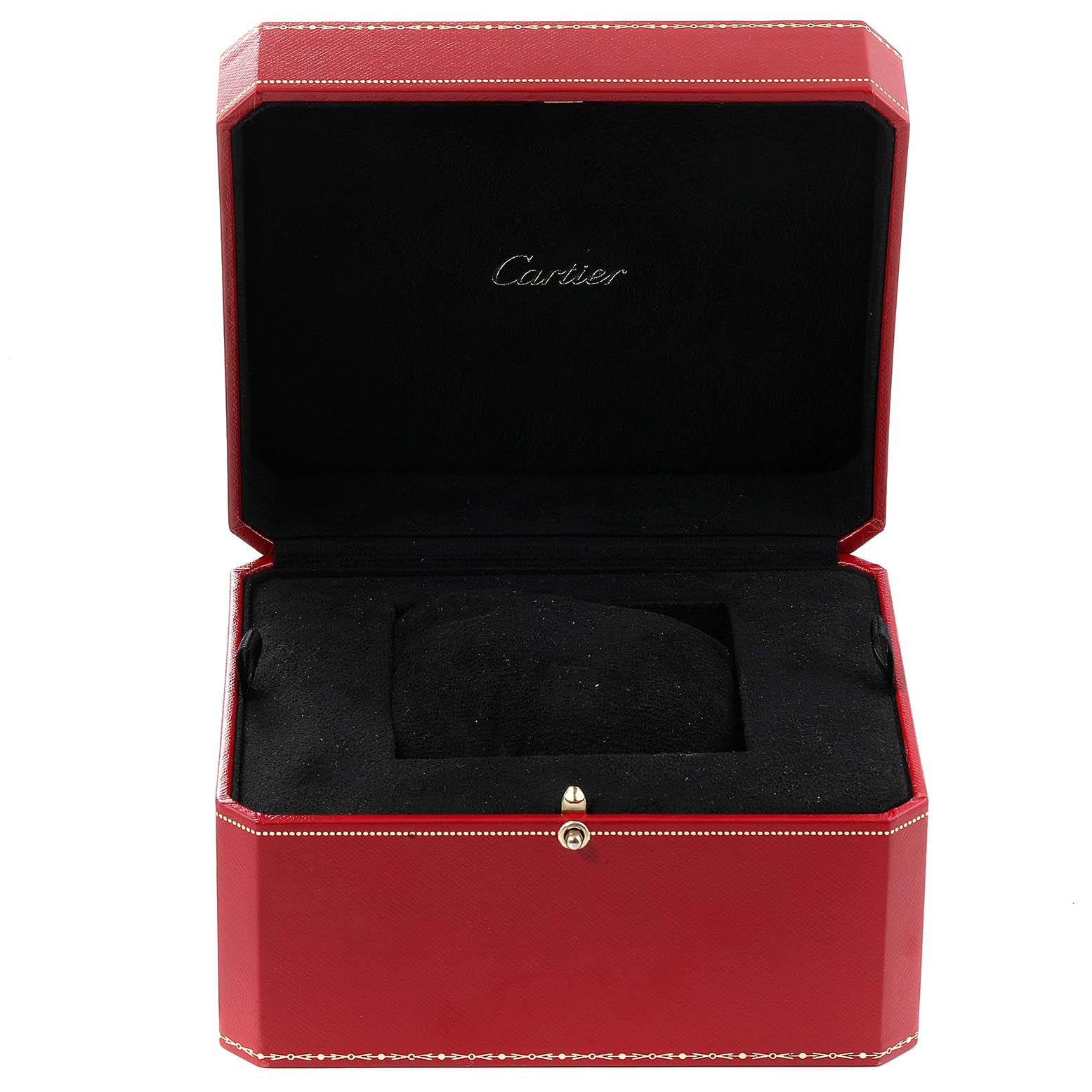 This image shows the open red presentation box for a Cartier Panthere WGPN0006 Women
s Rose Gold Silver Dial WGPN0006 Women
s Rose Gold Silver Dial model watch, highlighting the velvet interior and Cartier branding.