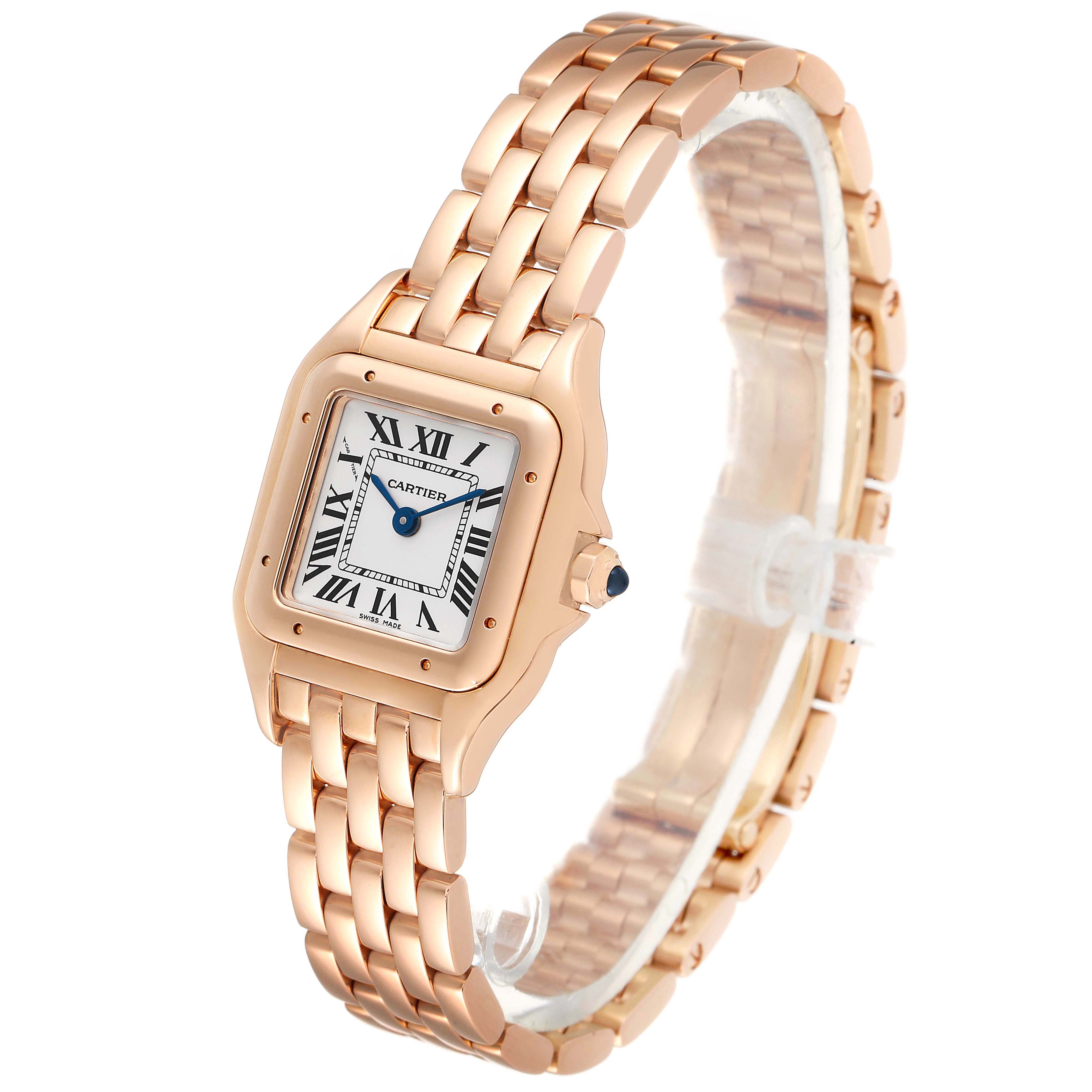 The image shows a Cartier Panthere WGPN0006 Women
s Rose Gold Silver Dial WGPN0006 Women
s Rose Gold Silver Dial watch at a three-quarter angle, highlighting its rose gold case, bracelet, and white dial.