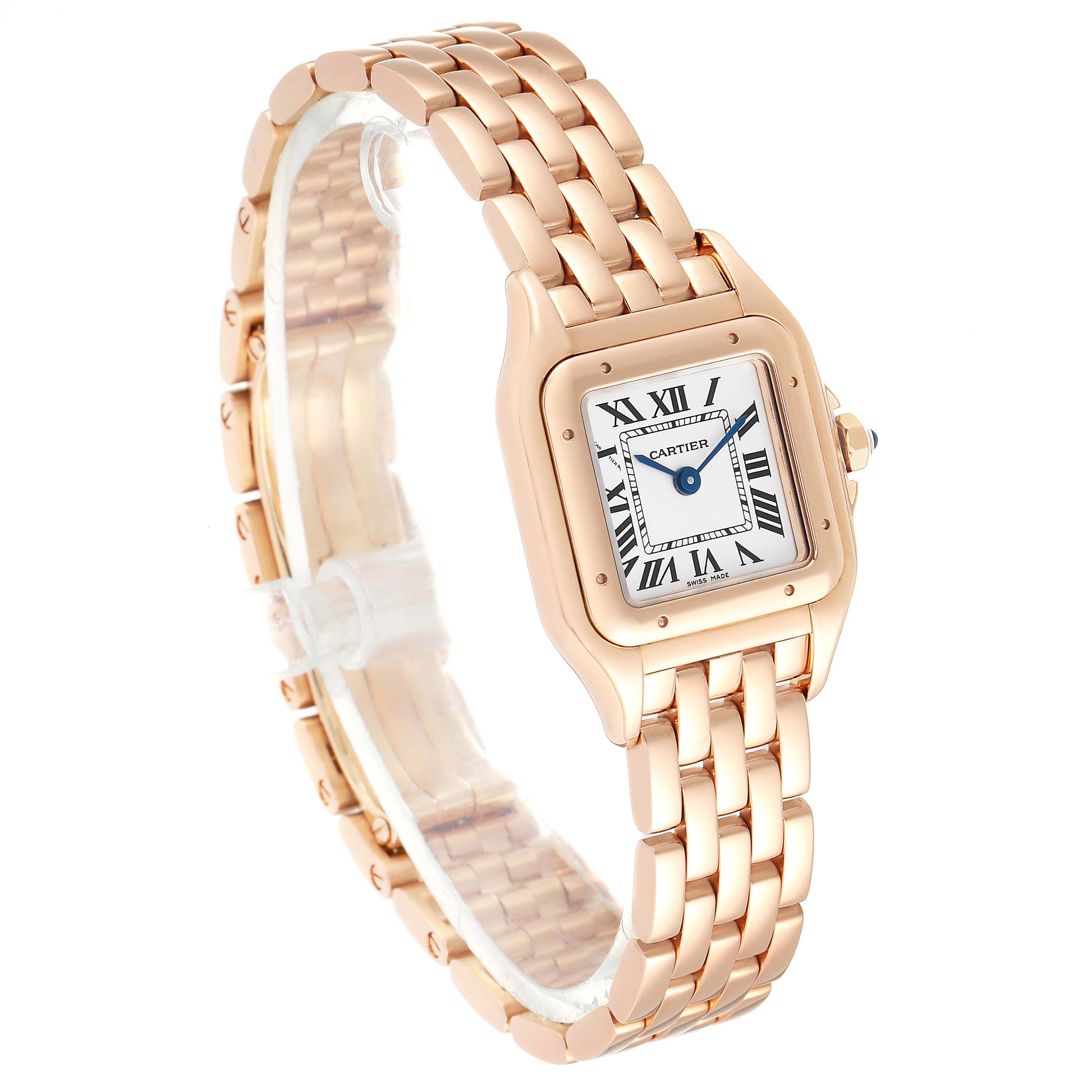 The image shows a rose gold Cartier Panthere WGPN0006 Women
s Rose Gold Silver Dial WGPN0006 Women
s Rose Gold Silver Dial watch angled at a three-quarter view, displaying the bracelet, face, and crown.