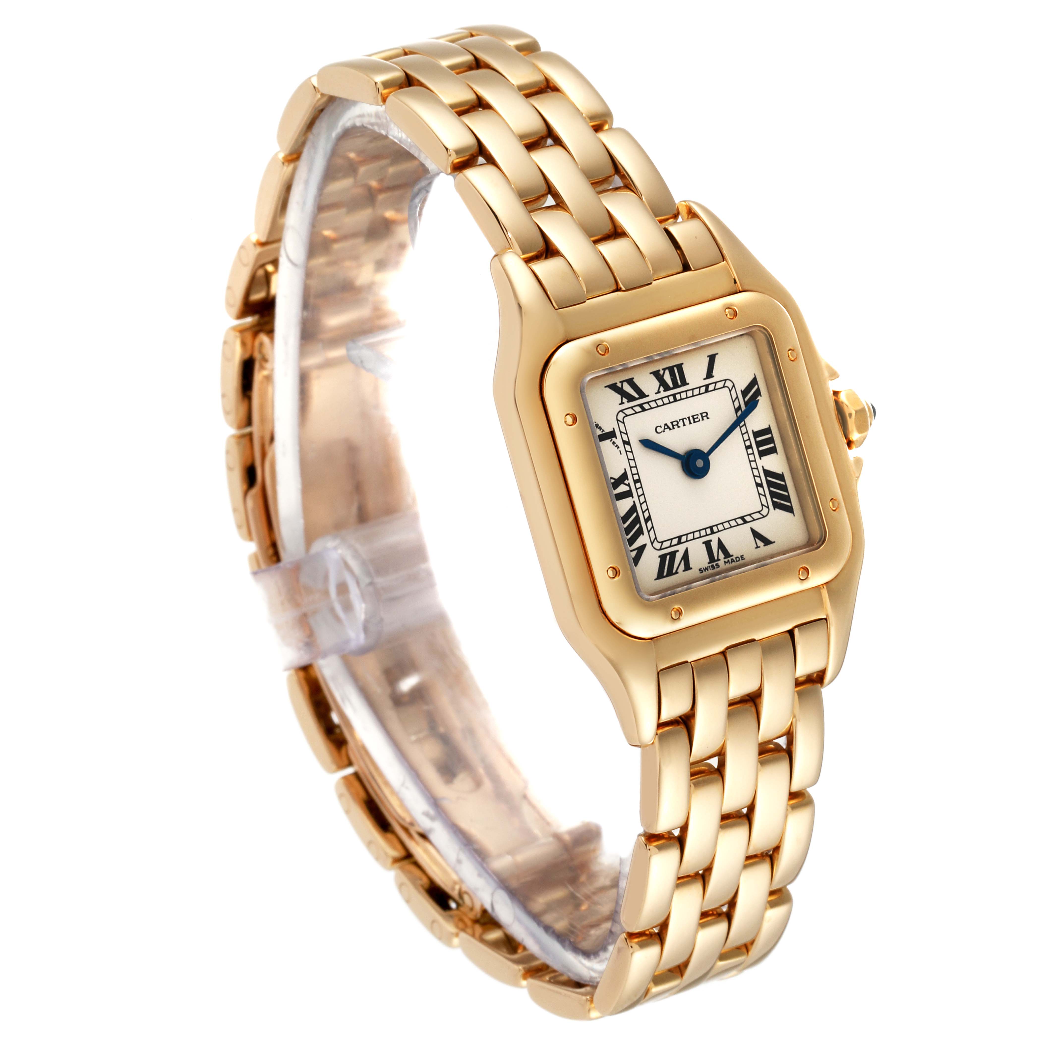 The image shows a Cartier Panthere W25022B9 Women's Yellow Gold Silver Dial W25022B9 Women's Yellow Gold Silver Dial model watch at a three-quarter angle, highlighting the face, bezel, case, and bracelet.