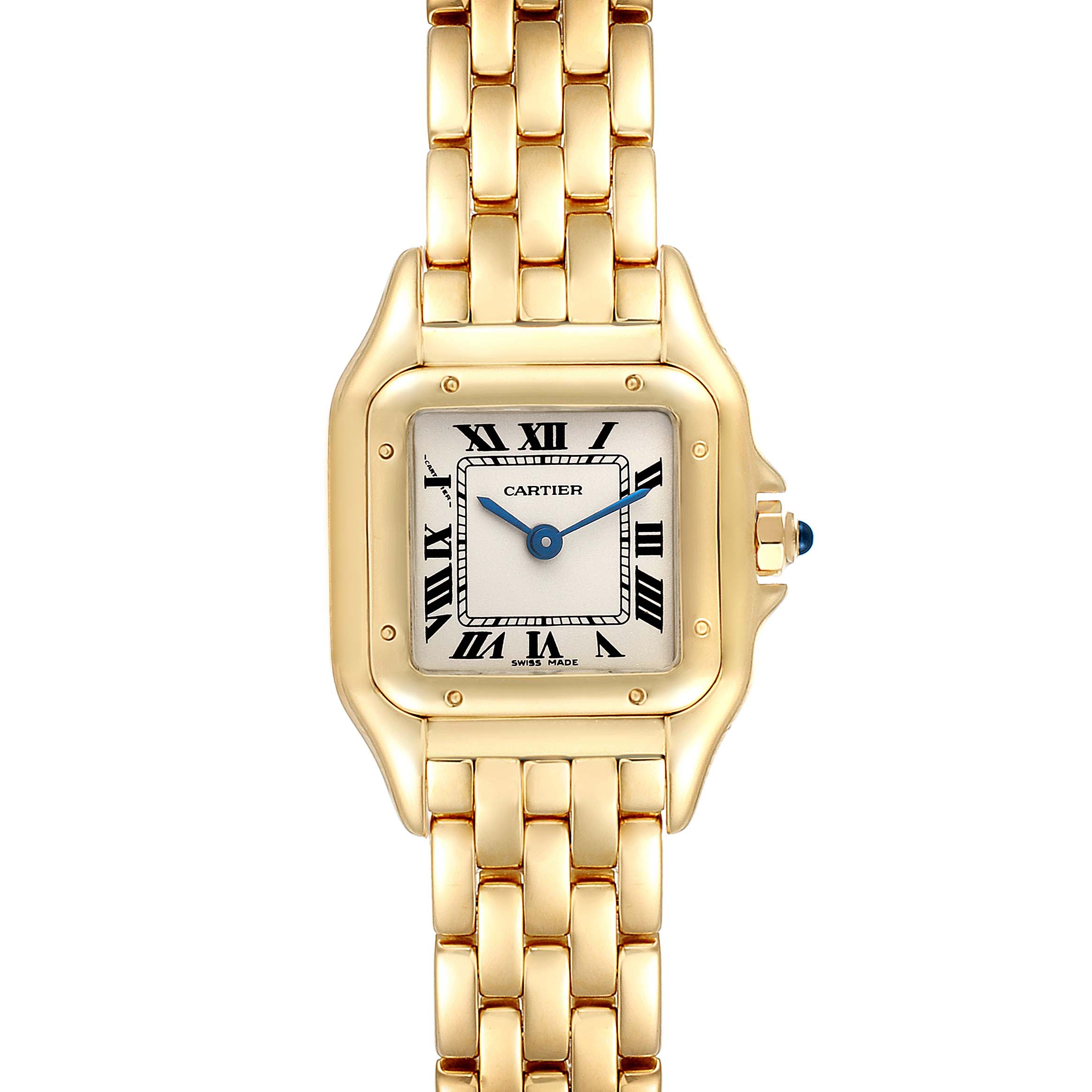This image features a Cartier Panthere W25022B9 Women's Yellow Gold Silver Dial W25022B9 Women's Yellow Gold Silver Dial watch, showing a top-down view of its gold bracelet and square face with Roman numerals.