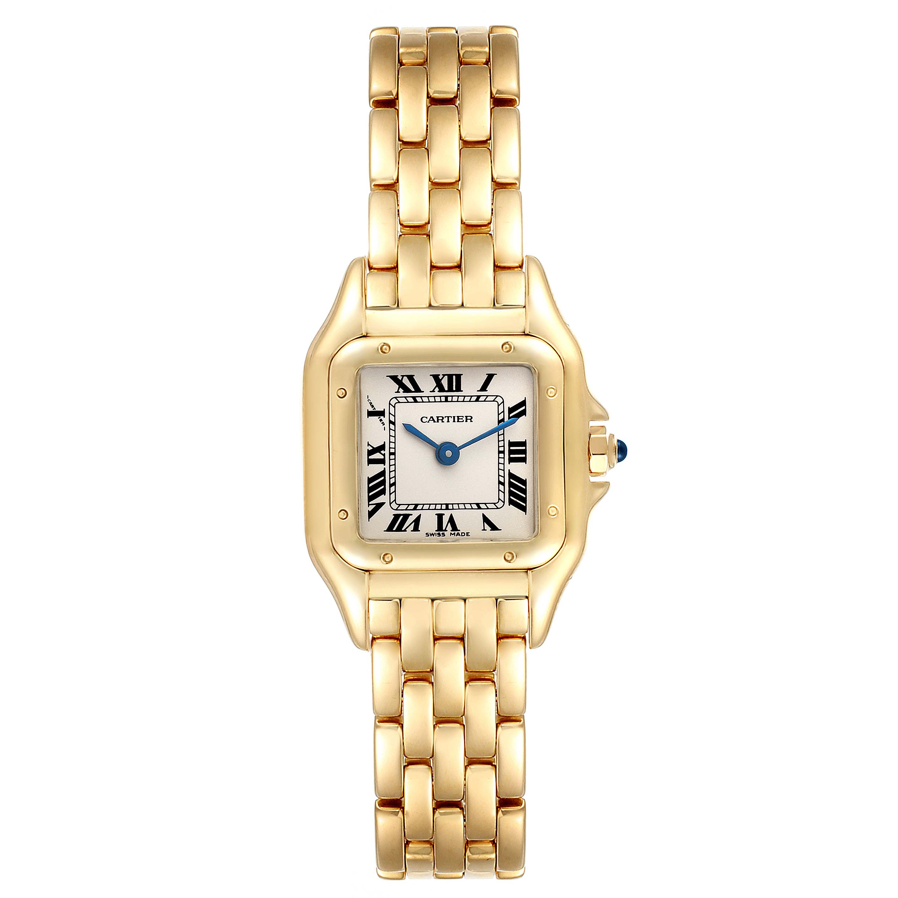 This image shows a front view of a Cartier Panthere W25022B9 Women's Yellow Gold Silver Dial W25022B9 Women's Yellow Gold Silver Dial watch, displaying its gold bracelet and square face with Roman numerals.