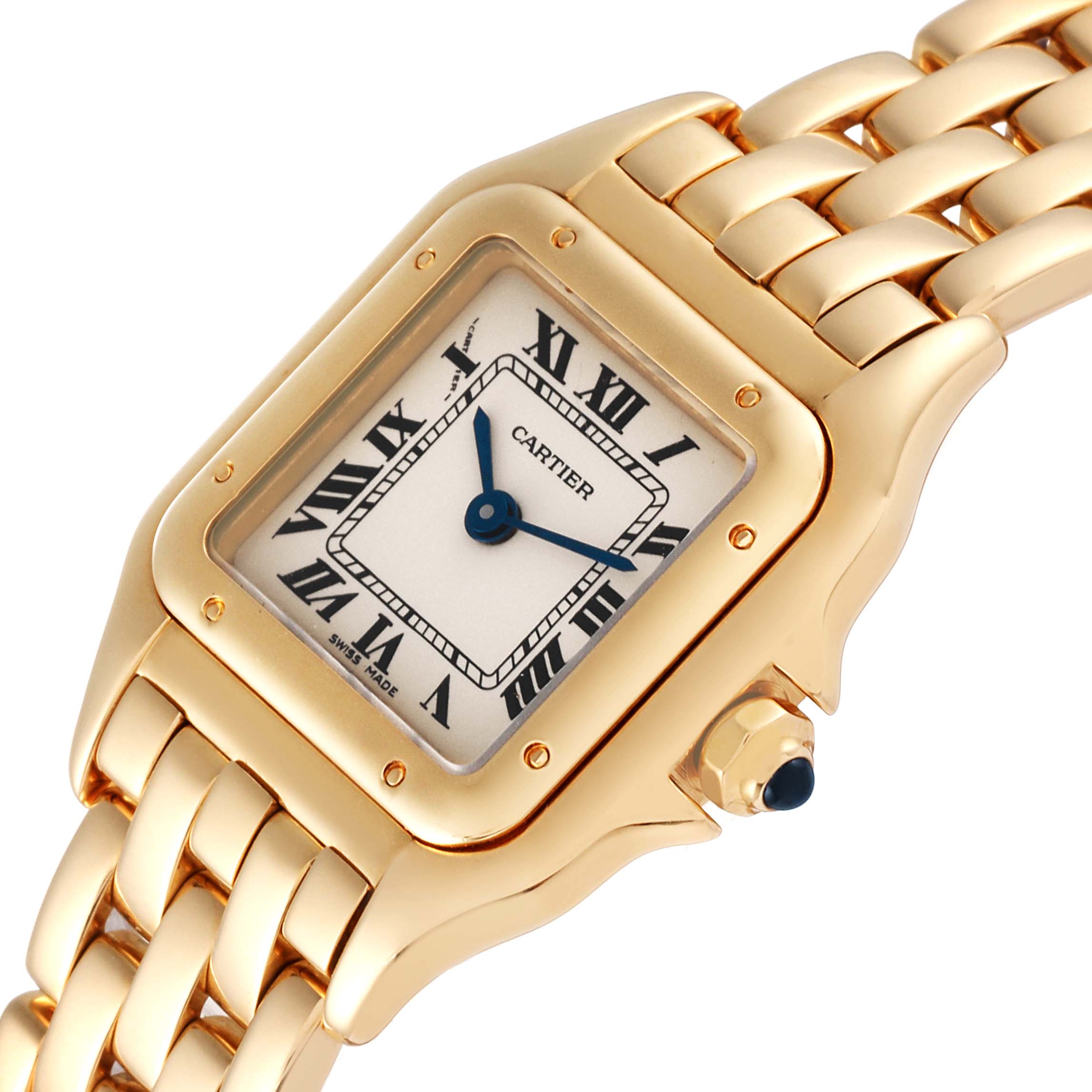 The image shows a close-up angled view of a Cartier Panthere W25022B9 Women's Yellow Gold Silver Dial W25022B9 Women's Yellow Gold Silver Dial watch, highlighting the gold case, dial, and a portion of the bracelet.