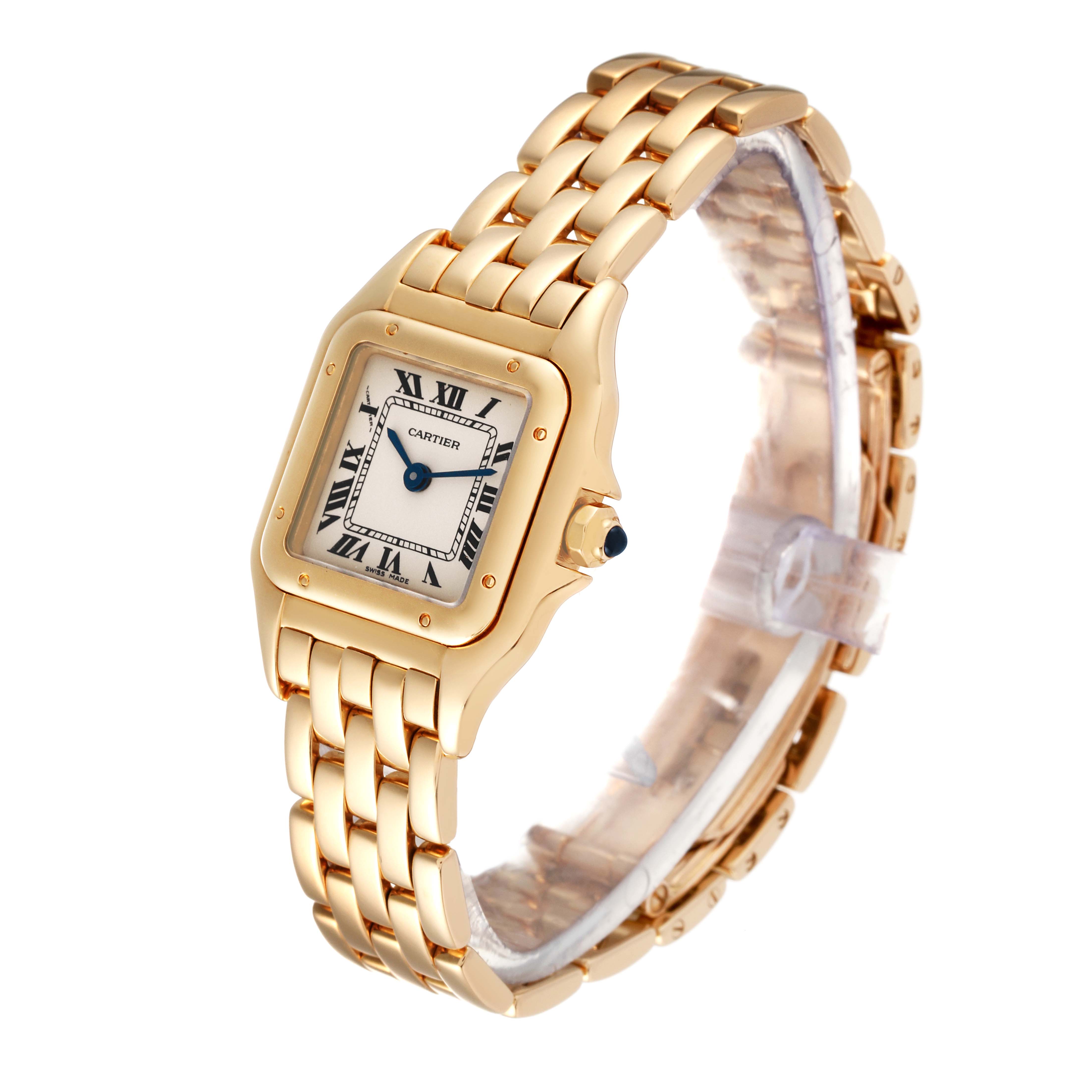 The Cartier Panthere W25022B9 Women's Yellow Gold Silver Dial W25022B9 Women's Yellow Gold Silver Dial model watch is shown at a slight angle, displaying its gold bracelet, square face, and Roman numeral dial.