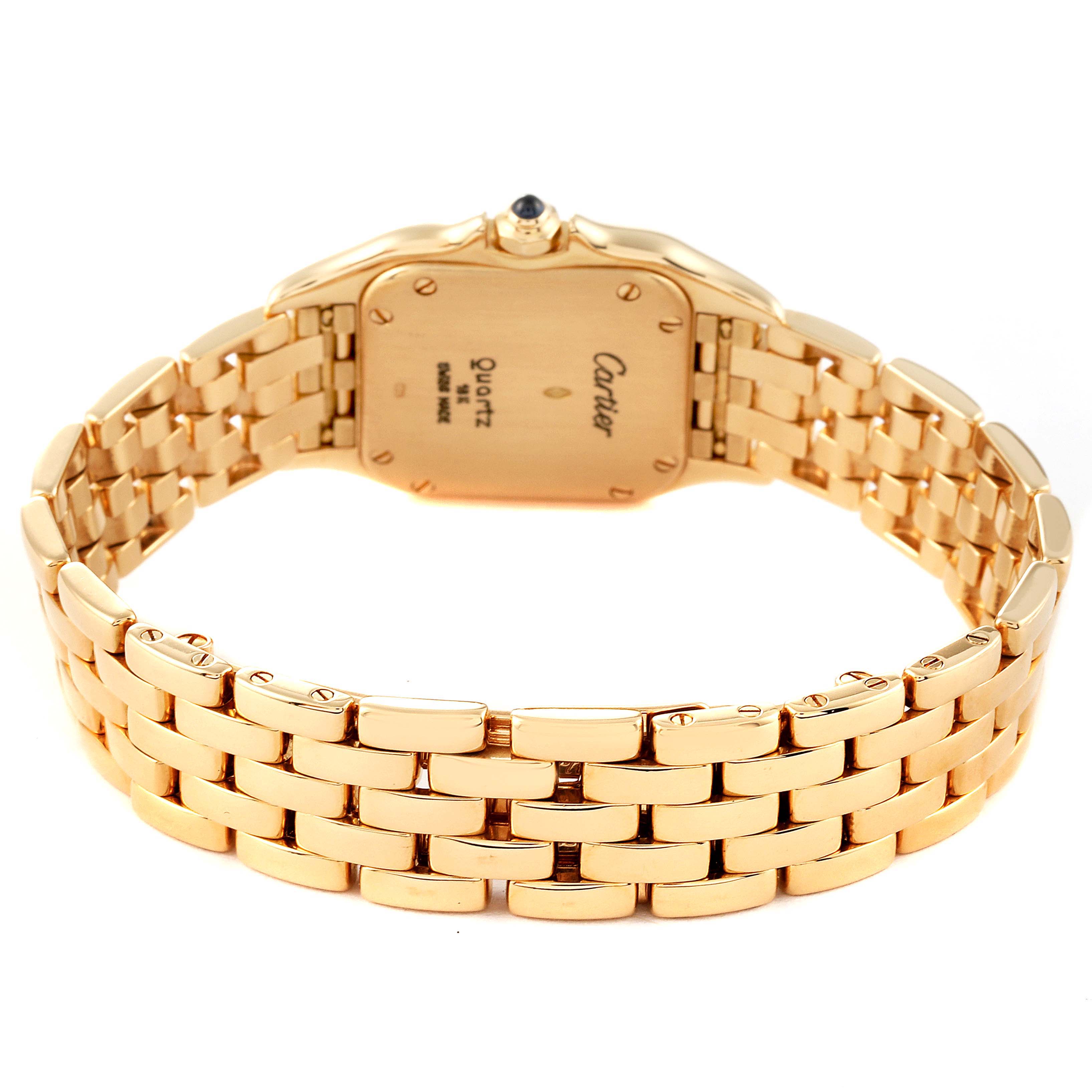 The image shows the back and bracelet of the Panthere model watch by Cartier, highlighting its gold finish and clasp.