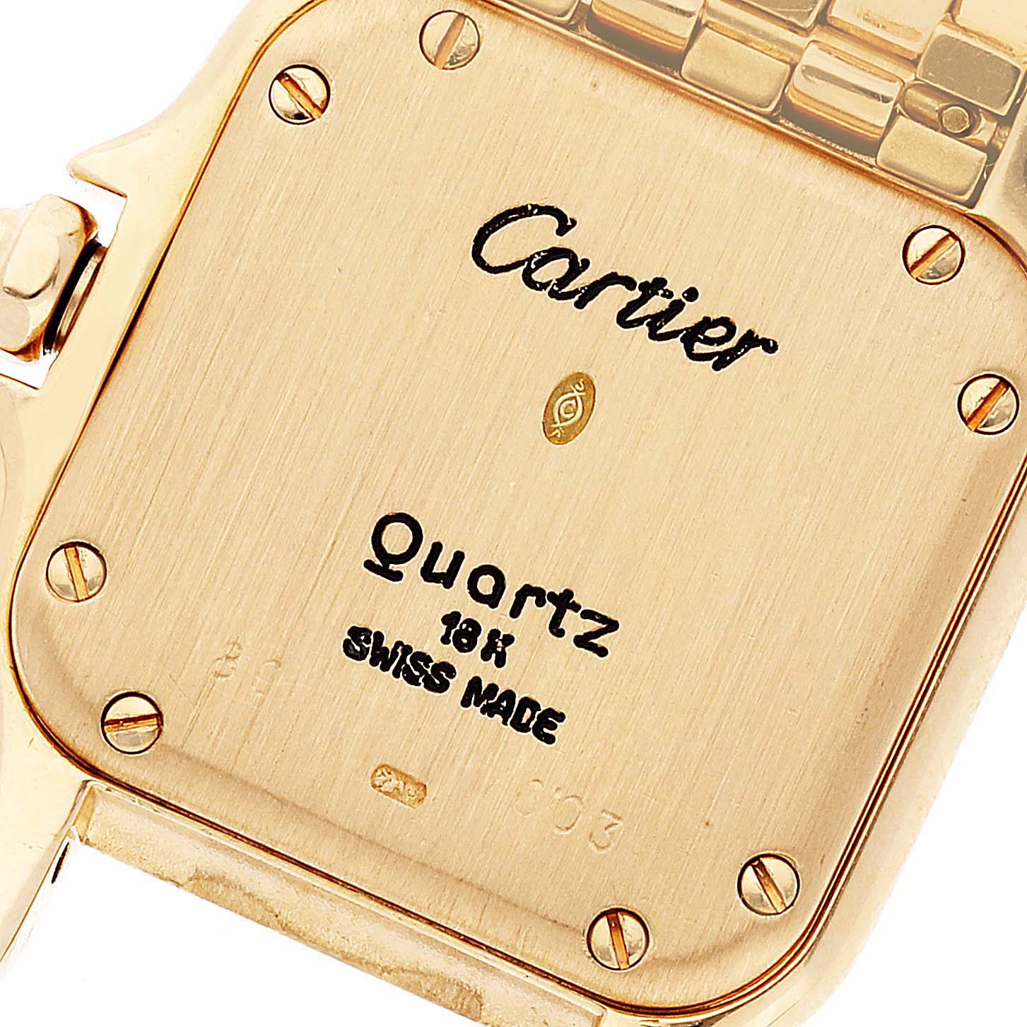 This image shows the back case of a Cartier Panthère watch with branding and specifications.