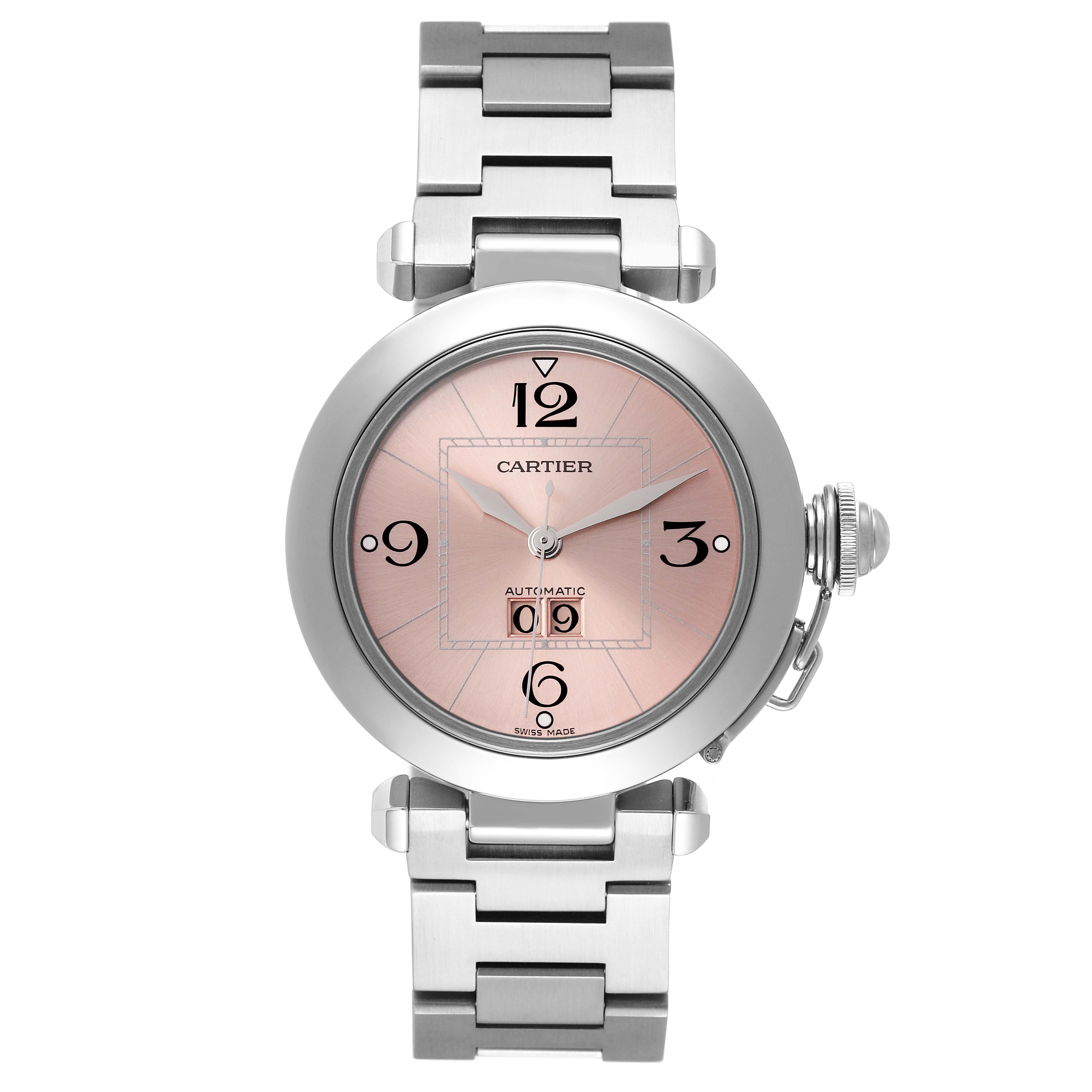 This image shows a front view of the Cartier Pasha W31058M7 Women's Stainless Steel Pink Dial W31058M7 Women's Stainless Steel Pink Dial watch, highlighting the pink dial, numerals, and stainless steel bracelet.