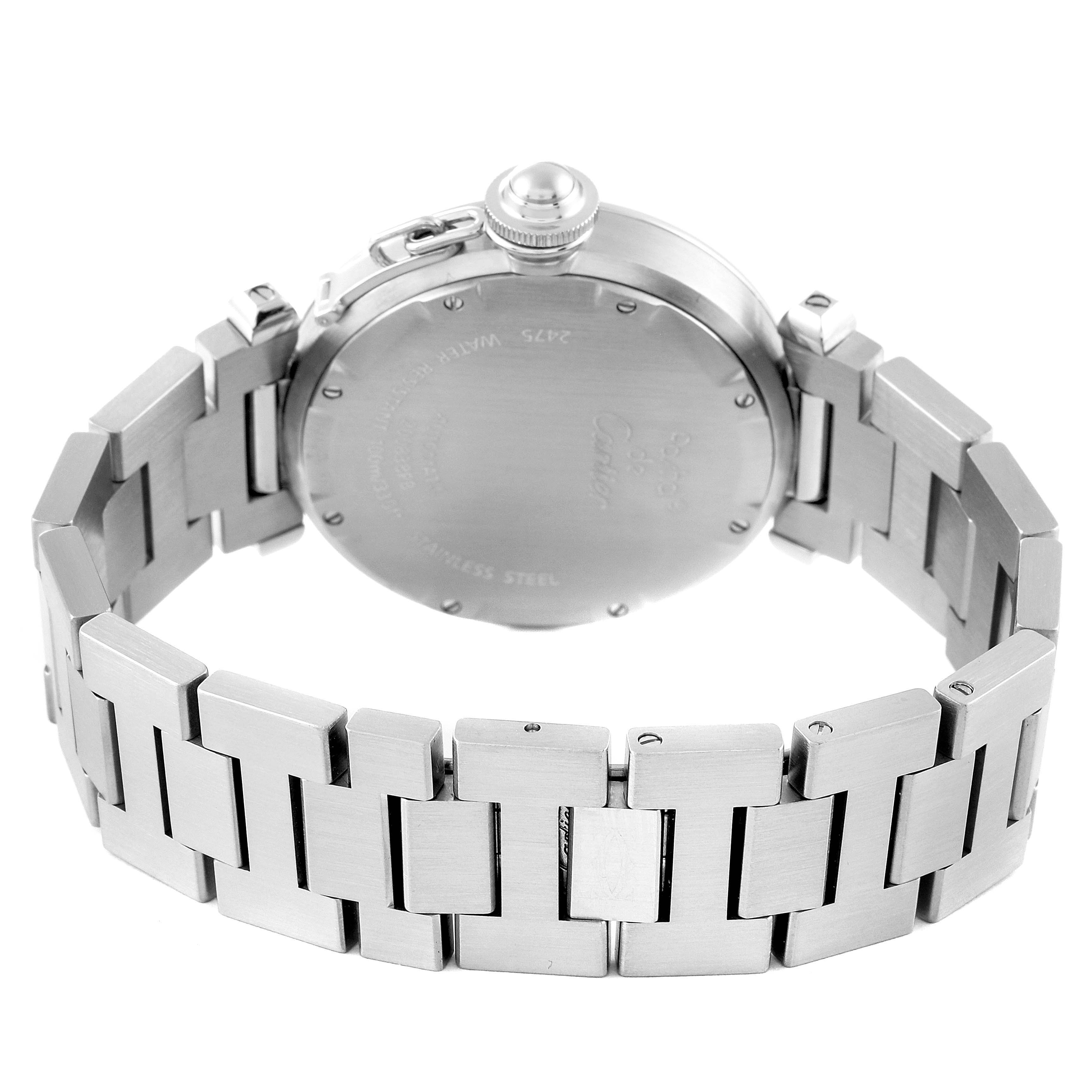 This image shows the back case and bracelet of a Cartier Pasha W31058M7 Women's Stainless Steel Pink Dial W31058M7 Women's Stainless Steel Pink Dial watch from a rear angle.