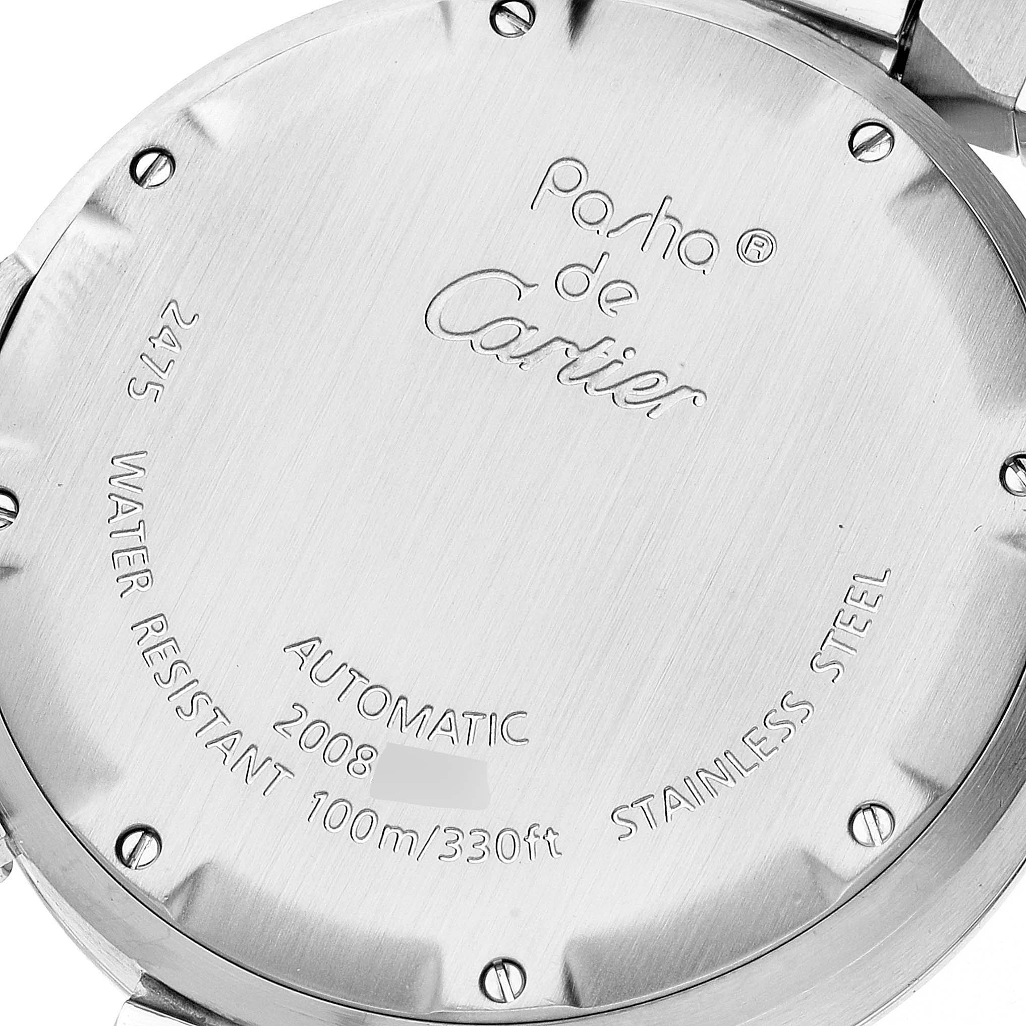 The image shows the back case of a Cartier Pasha W31058M7 Women's Stainless Steel Pink Dial W31058M7 Women's Stainless Steel Pink Dial watch, revealing details like water resistance and material.