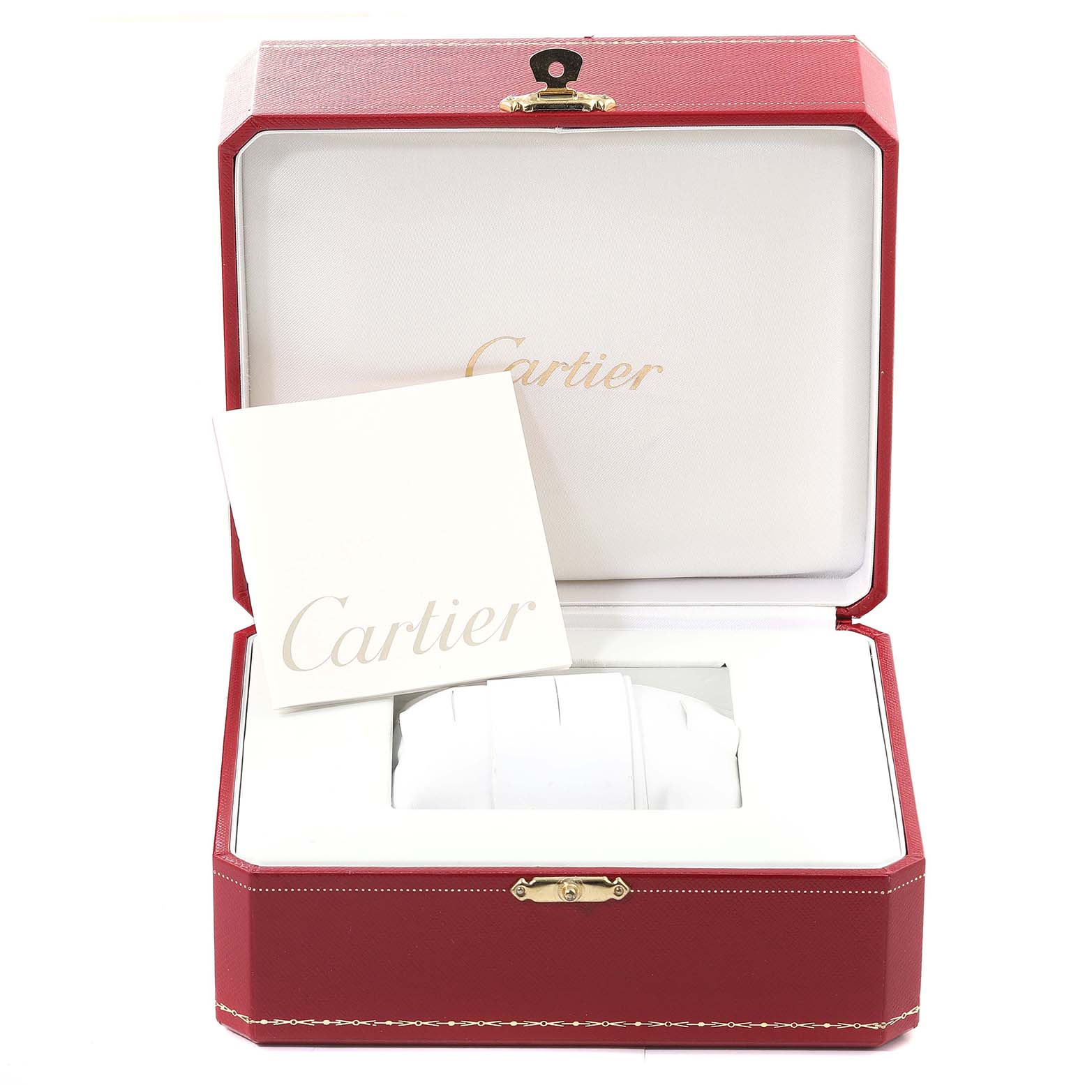 The image shows the packaging box for a Cartier Pasha W31058M7 Women's Stainless Steel Pink Dial W31058M7 Women's Stainless Steel Pink Dial watch, showcasing the watch cushion and accompanying booklet.
