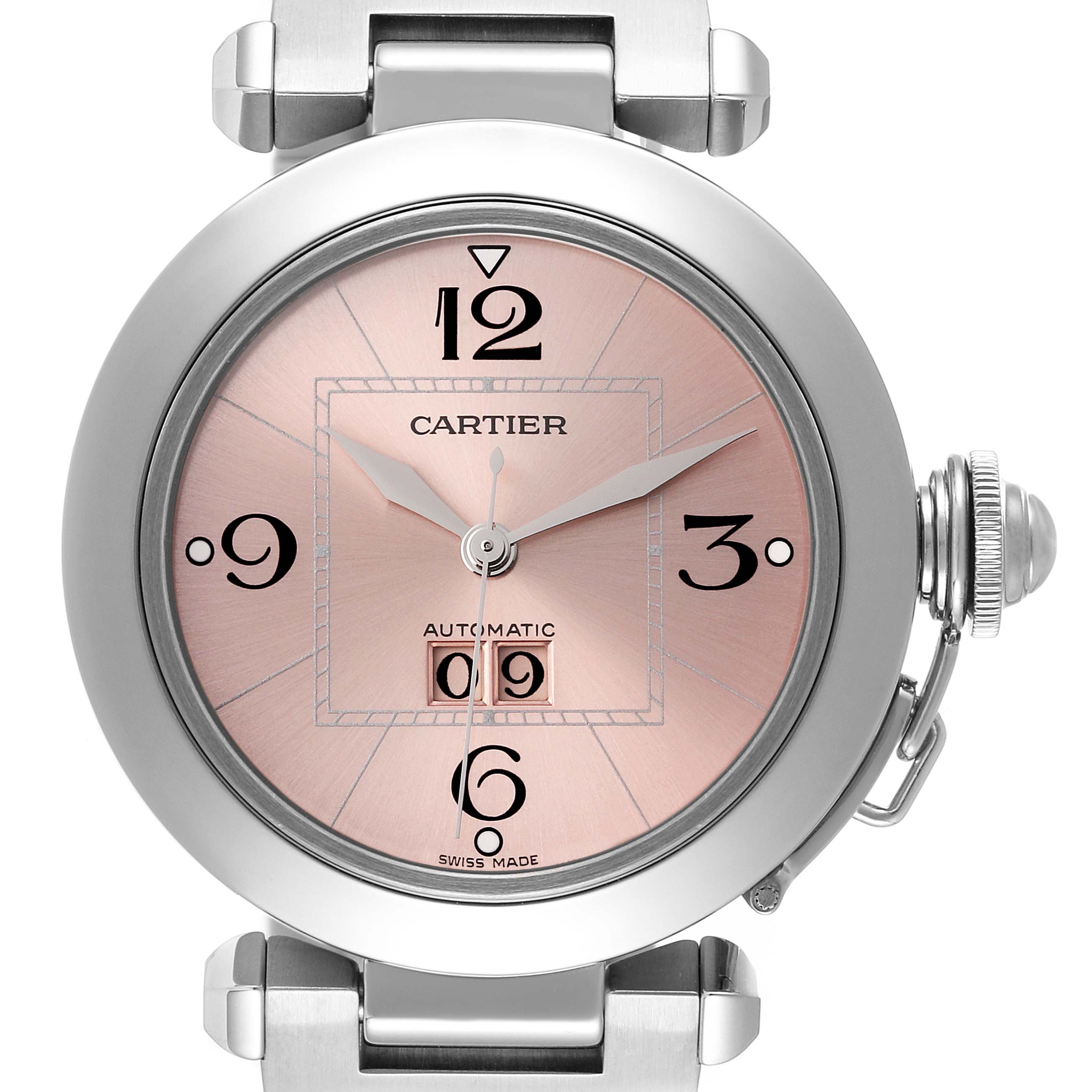 The image shows a front view of the Cartier Pasha W31058M7 Women's Stainless Steel Pink Dial W31058M7 Women's Stainless Steel Pink Dial watch, highlighting the dial, numerals, hands, and crown.