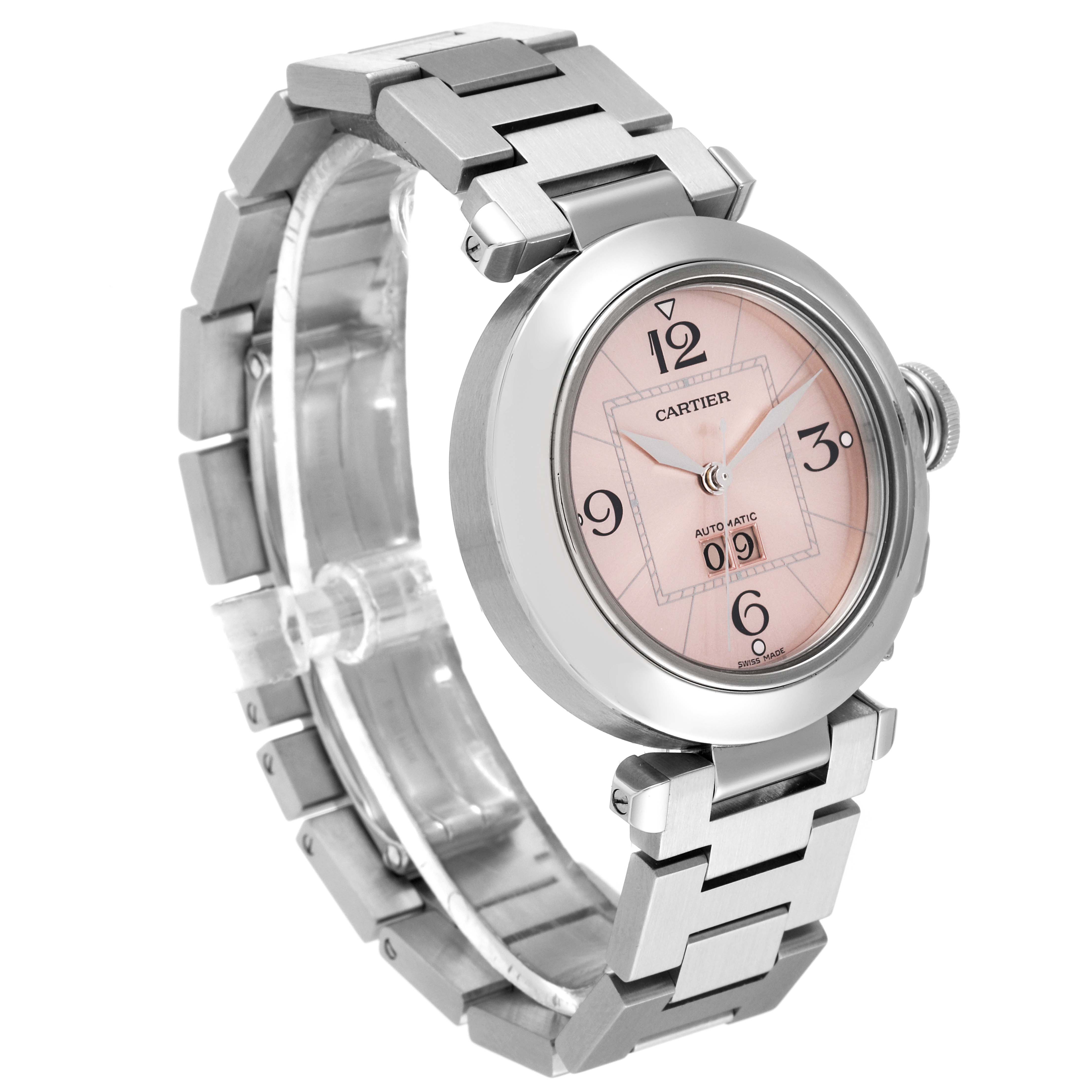 The image shows a Cartier Pasha W31058M7 Women's Stainless Steel Pink Dial W31058M7 Women's Stainless Steel Pink Dial watch at a three-quarter angle, highlighting its bracelet, crown, and pink dial.