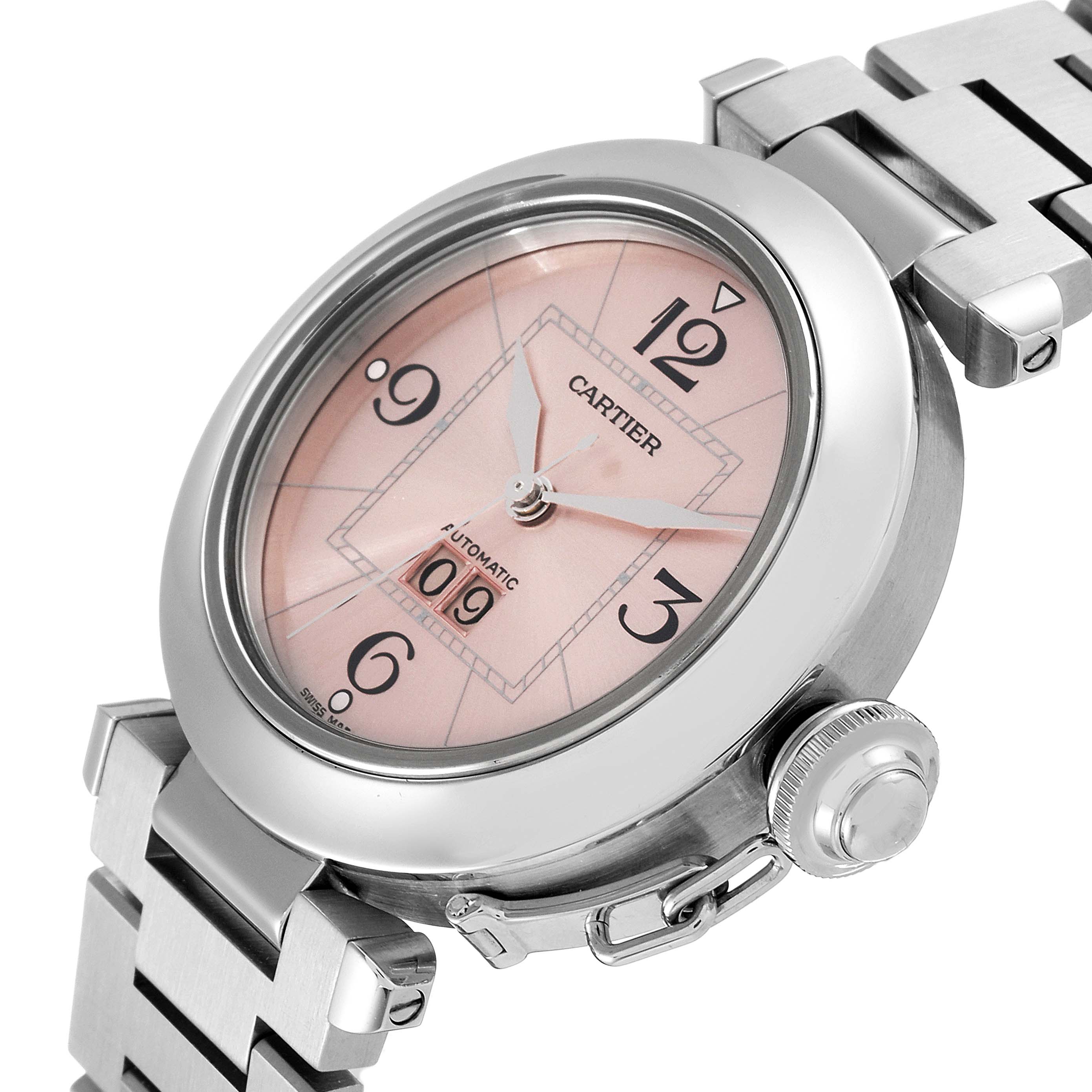 This image shows a Cartier Pasha W31058M7 Women's Stainless Steel Pink Dial W31058M7 Women's Stainless Steel Pink Dial watch at an angled view, highlighting the dial, bezel, crown, and part of the bracelet.