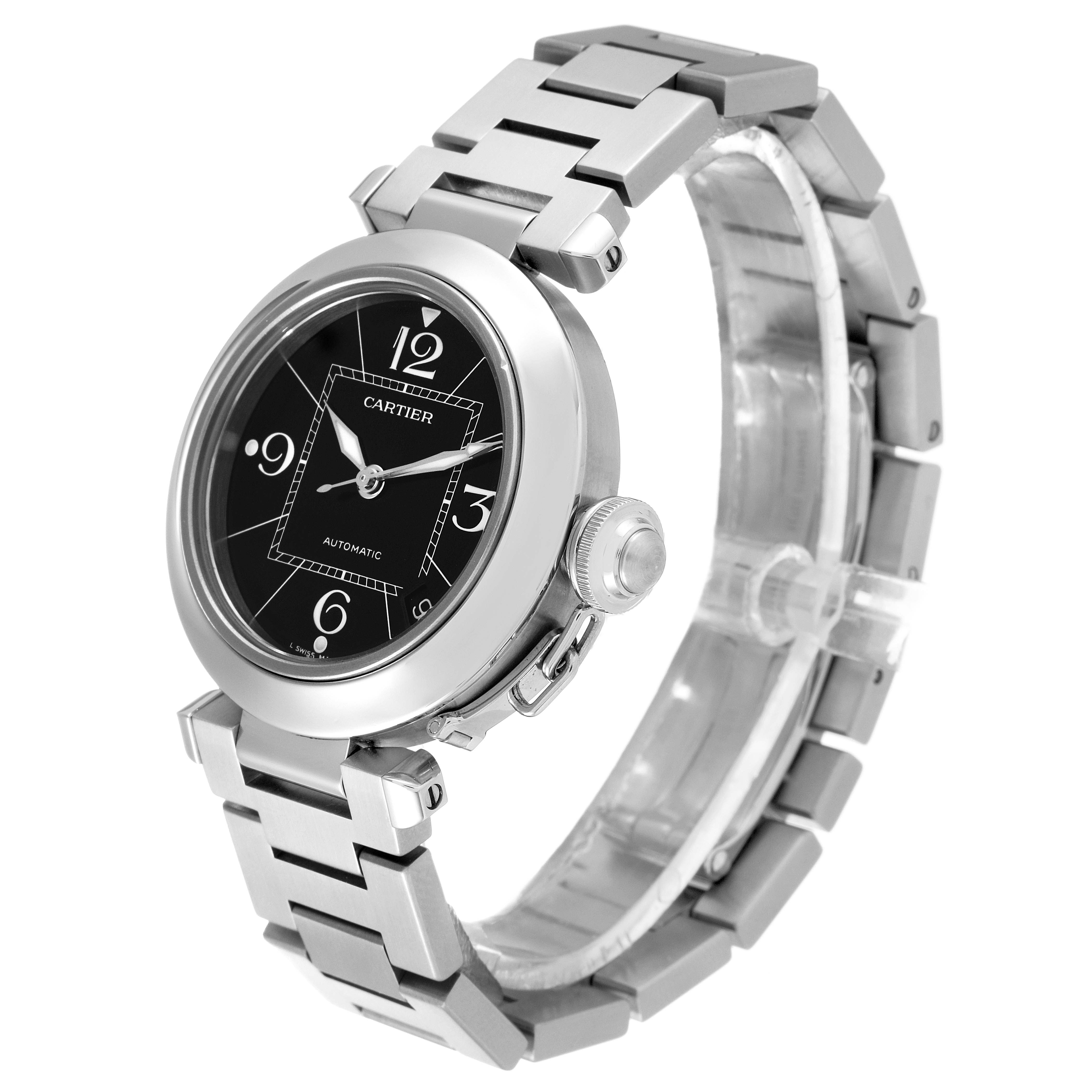 The image shows a Cartier Pasha W31076M7 Women's Stainless Steel Black Dial W31076M7 Women's Stainless Steel Black Dial watch angled to display its face, bezel, crown, and bracelet clearly.