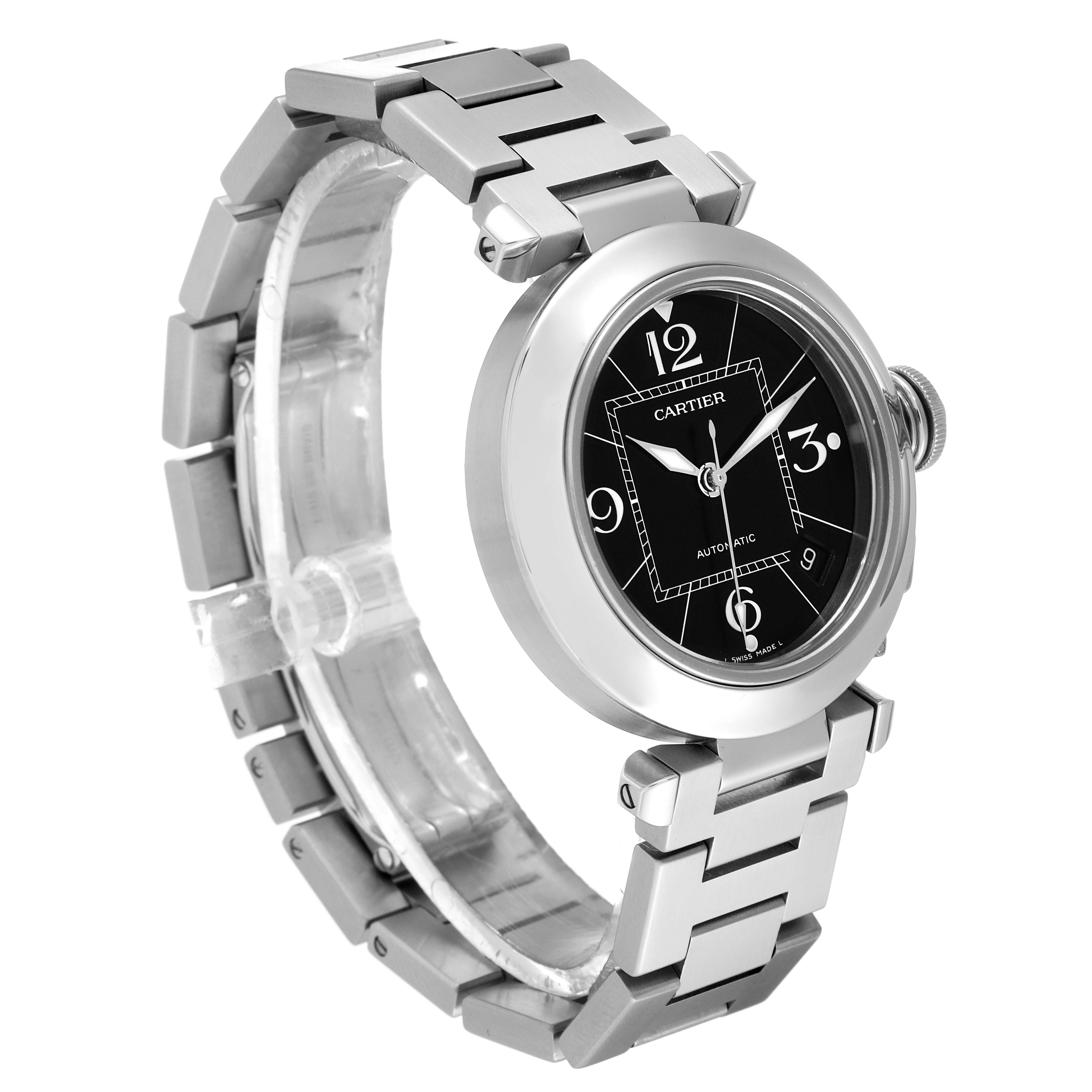 This image shows a Cartier Pasha W31076M7 Women's Stainless Steel Black Dial W31076M7 Women's Stainless Steel Black Dial watch at a slight left side angle, displaying the face, bezel, and part of the bracelet.