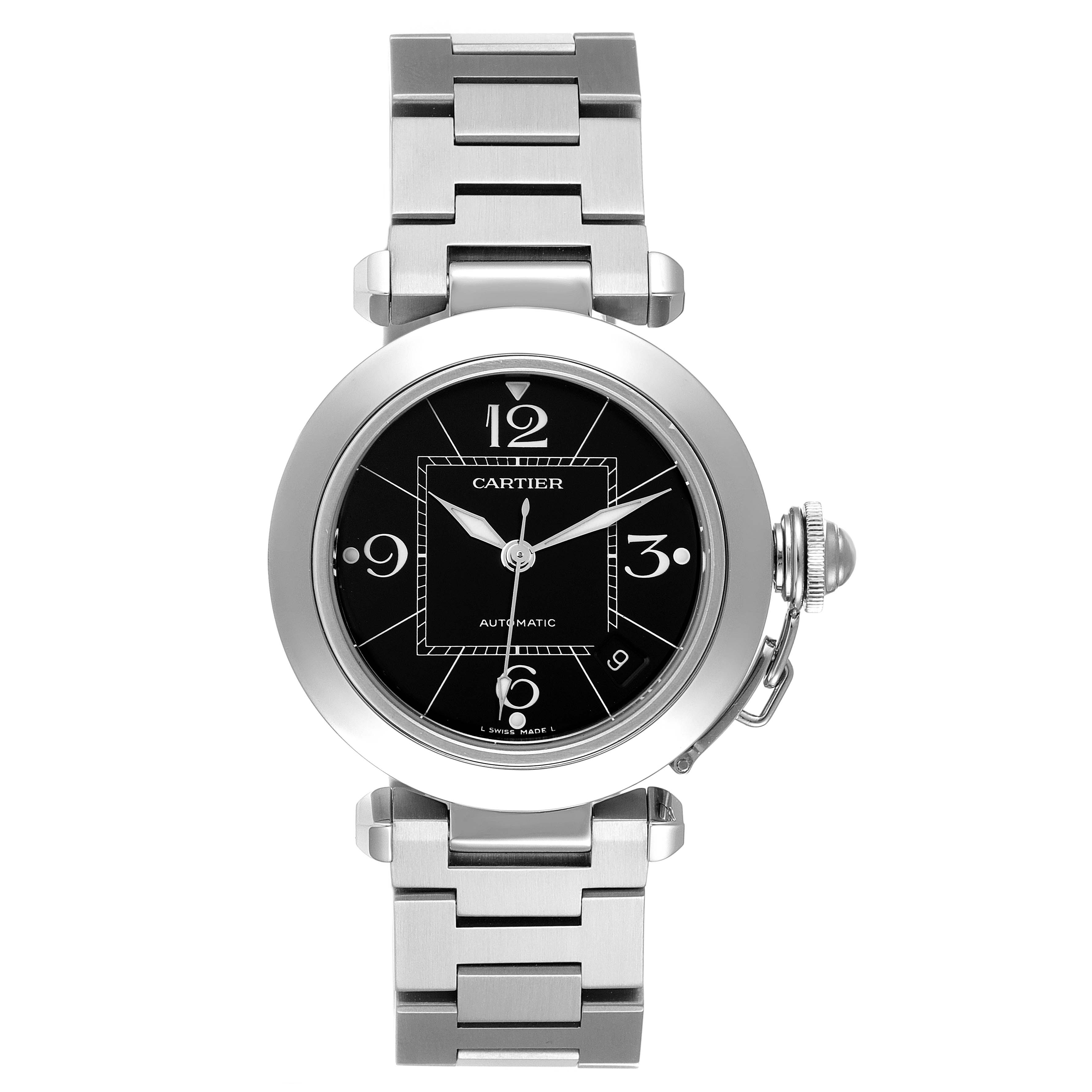 This is a front view of the Cartier Pasha W31076M7 Women's Stainless Steel Black Dial W31076M7 Women's Stainless Steel Black Dial model watch, showing its round black dial, metal bracelet, and crown guard.