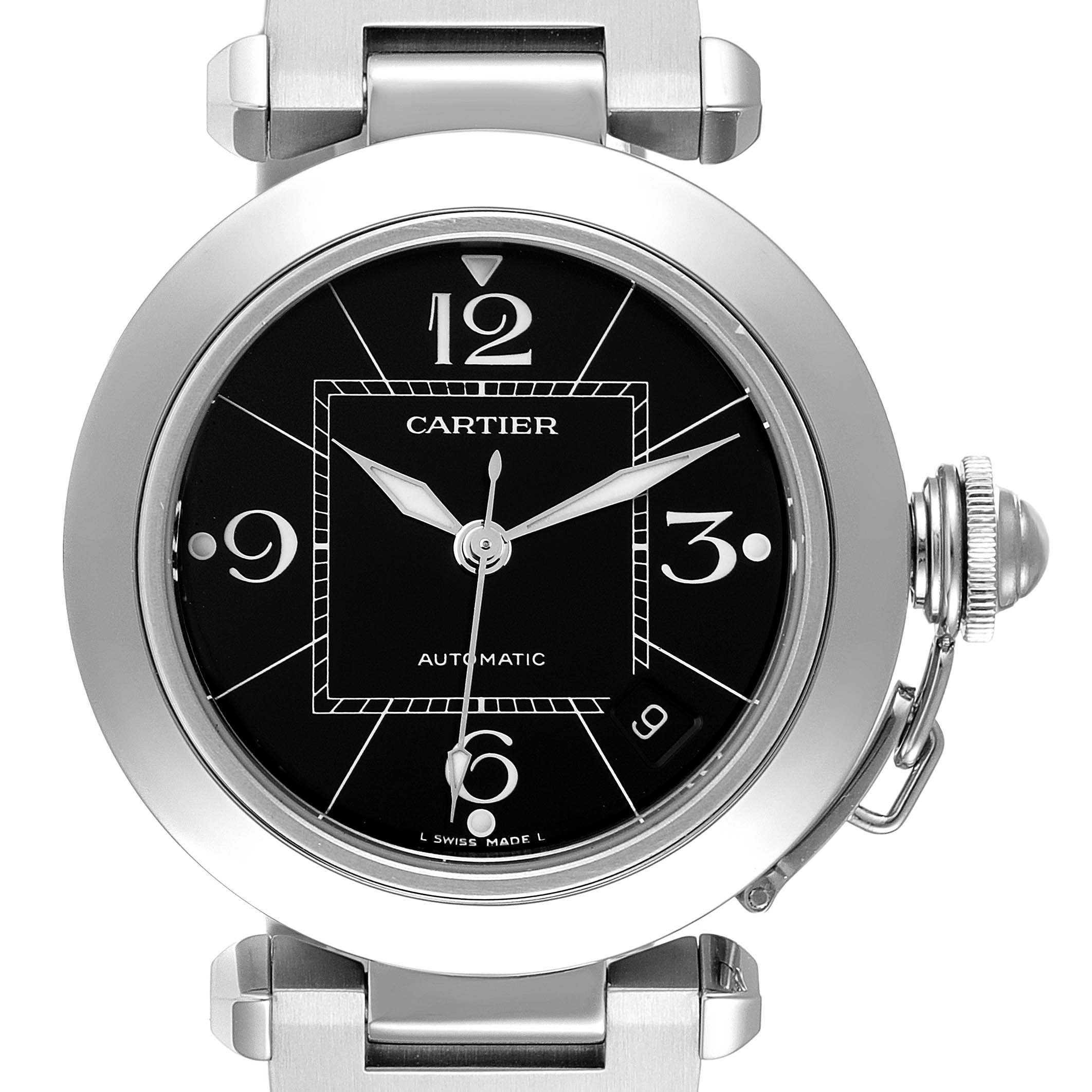 This image shows a front view of the Cartier Pasha W31076M7 Women's Stainless Steel Black Dial W31076M7 Women's Stainless Steel Black Dial watch, highlighting its face, bezel, and crown guard.