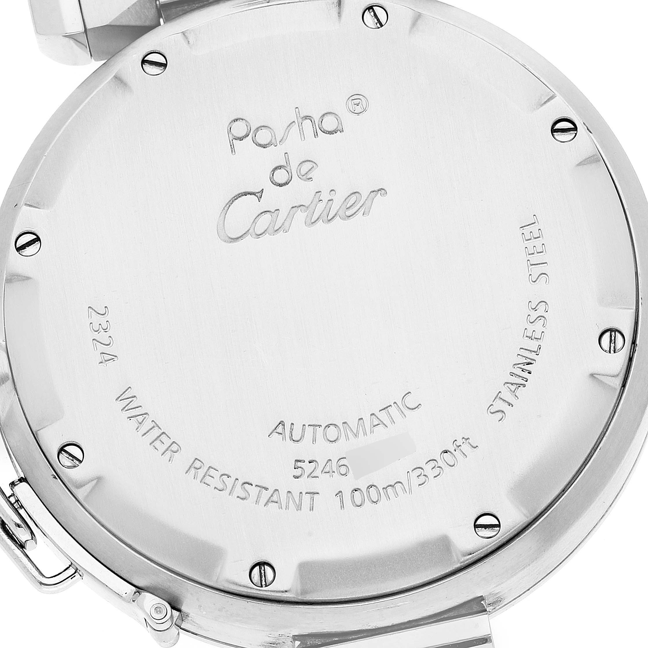 The image shows the back case of a Cartier Pasha W31076M7 Women's Stainless Steel Black Dial W31076M7 Women's Stainless Steel Black Dial watch, highlighting the inscriptions and screw details.
