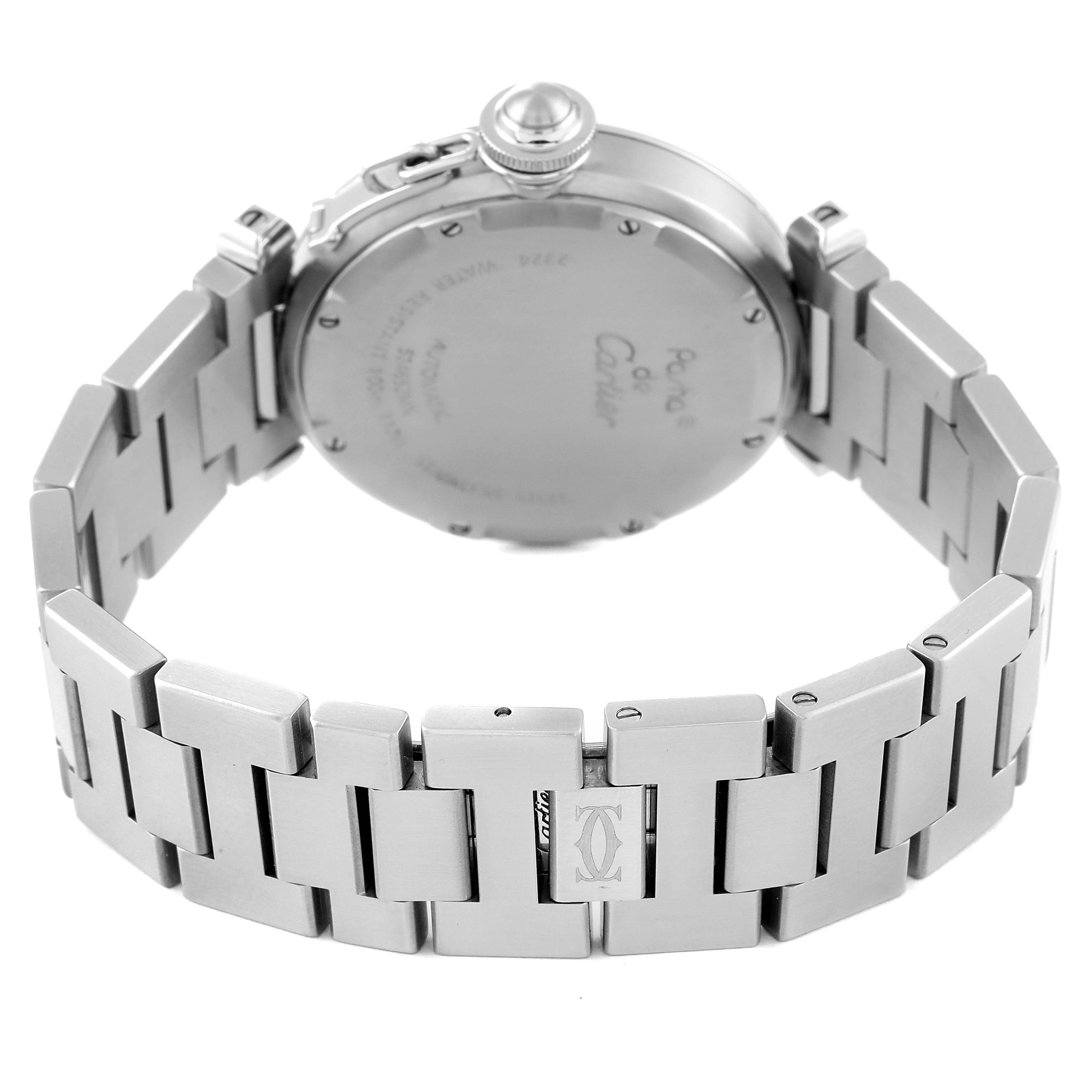 The image shows the back view and bracelet of the Cartier Pasha W31076M7 Women's Stainless Steel Black Dial W31076M7 Women's Stainless Steel Black Dial watch, highlighting the clasp and case back.