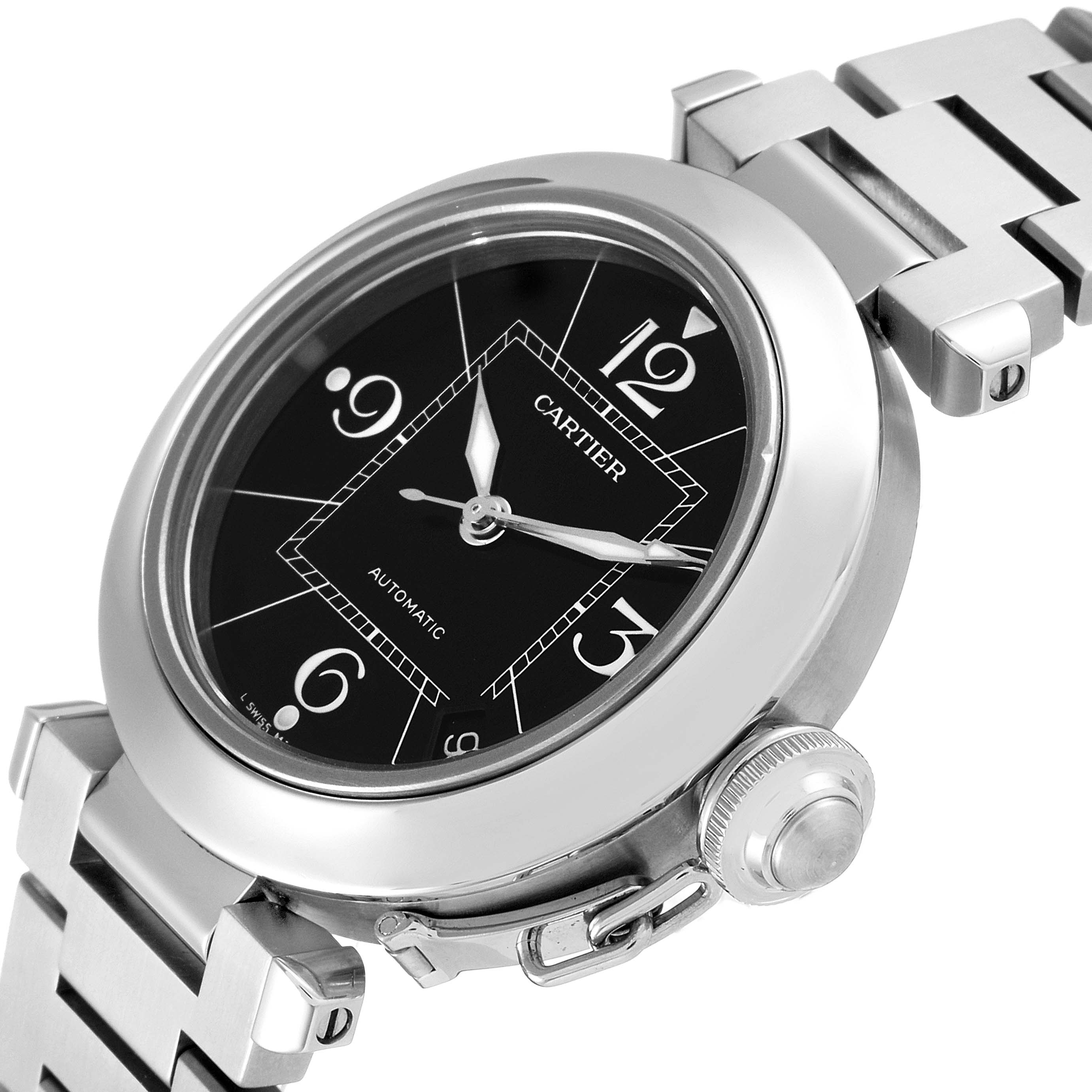 The image shows a Cartier Pasha W31076M7 Women's Stainless Steel Black Dial W31076M7 Women's Stainless Steel Black Dial watch from an angled side view, highlighting the face, bezel, crown, and part of the bracelet.