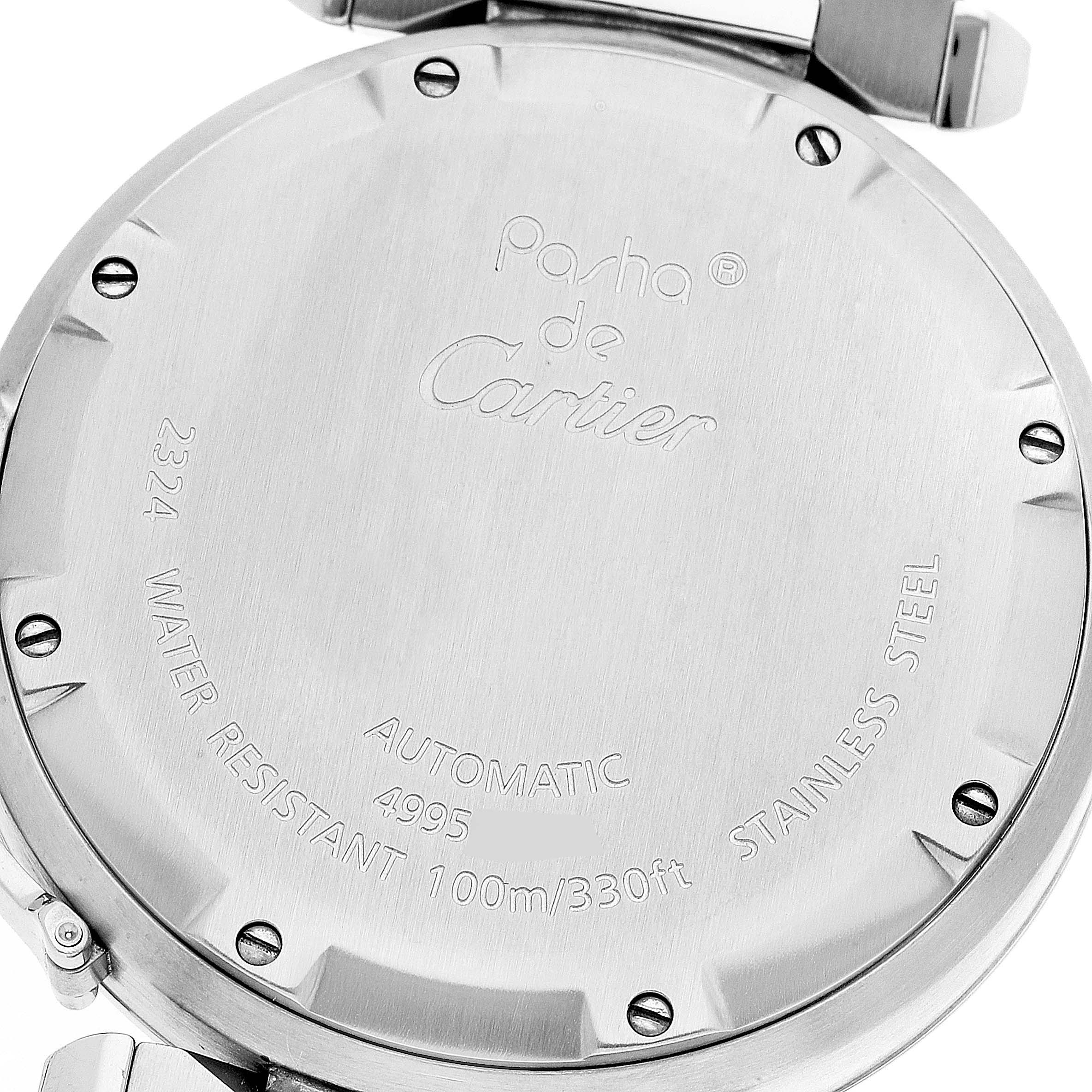 The image shows the back case of a Cartier Pasha W31075M7 Women's Stainless Steel Pink Dial W31075M7 Women's Stainless Steel Pink Dial watch, displaying engravings with specifications and branding.